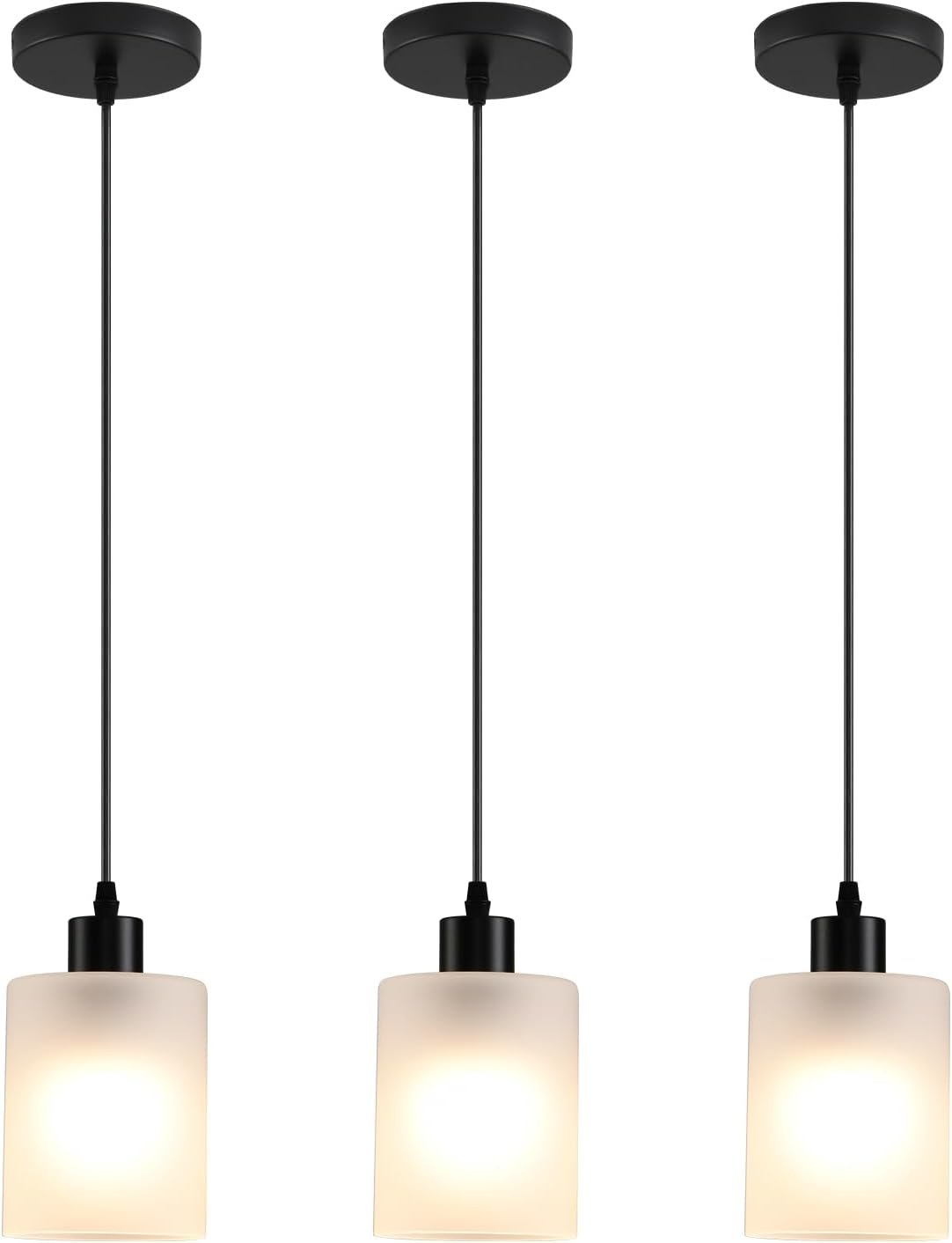 3-Pack Industrial Pendant Lighting, Modern Frosted Glass Shade Farmhouse Adjustable Hanging Light Fixtures for Kitchen Island Living Room Bedroom Hallway