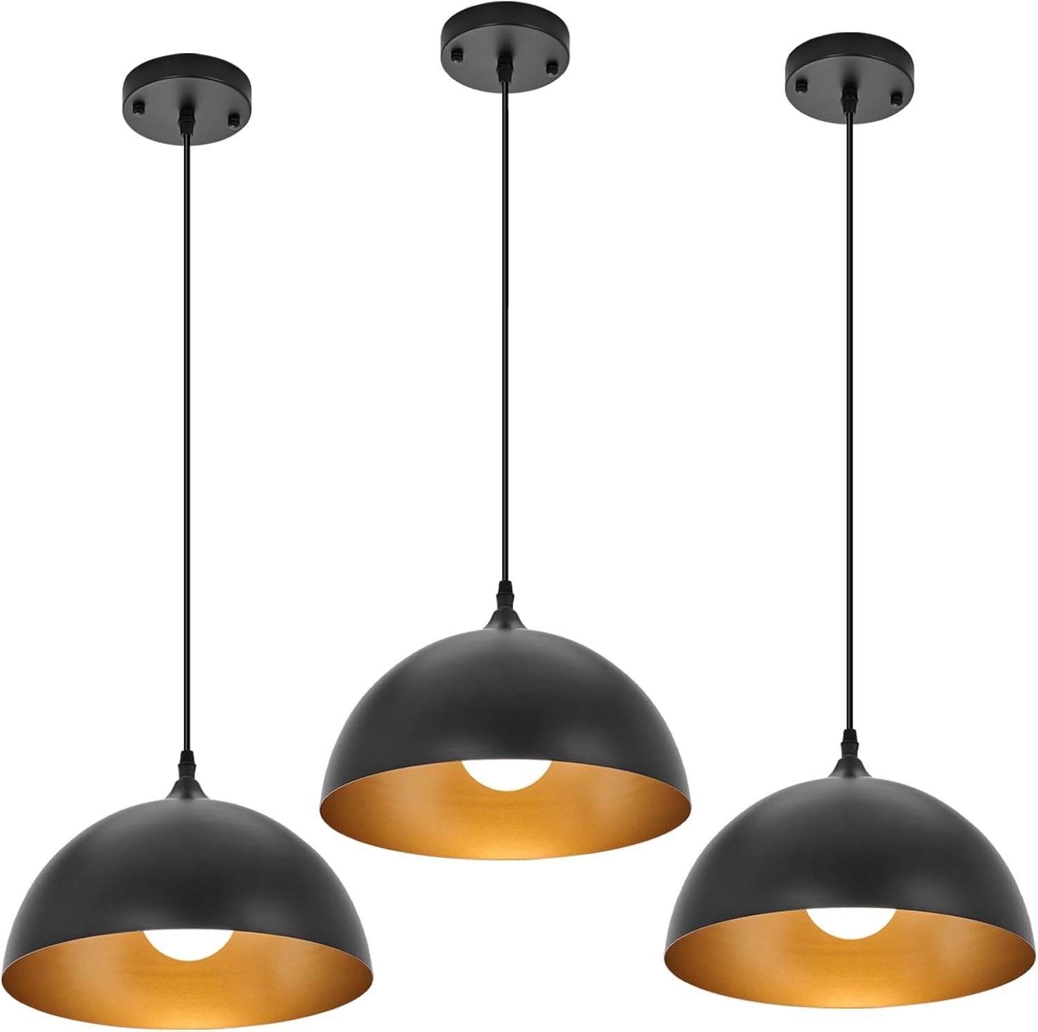 Industrial Pendant Light Fixtures,11.8″ Black Dome Pendant Lights,Adjustable Vintage Hanging Lamp for Kitchen Island Restaurant Bar Cafe Dining Room Sink,3 Pack