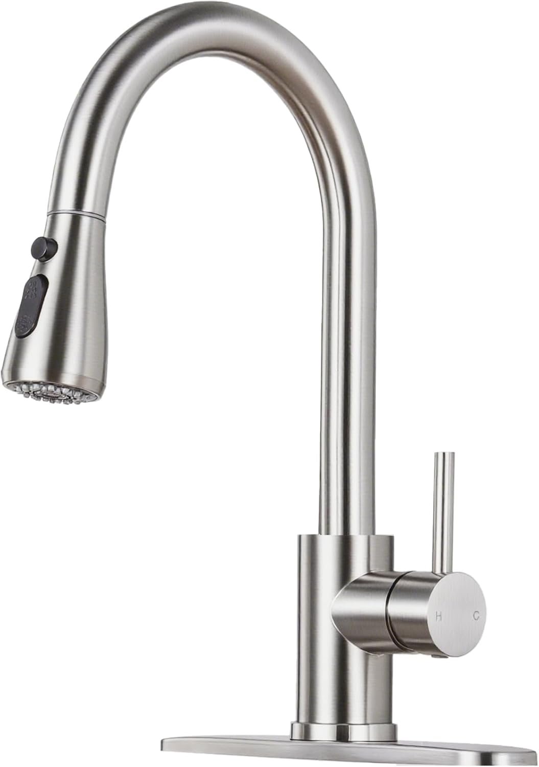 Brushed Nickel Kitchen Faucet with Pull Down Sprayer and Deck Plate | SUS 304 Stainless Steel, Single Handle, 3 Spray Modes, 360° Swivel Spout, RV Laundry Bar Sink, Deck Plate, NSF372 NSF61 cUPC