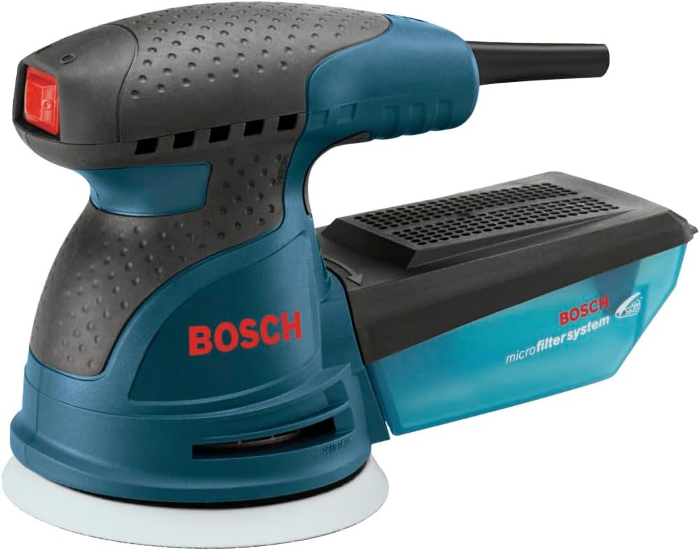 BOSCH ROS20VSC Palm Sander with Vacuum Dust Collector, 2.5 Amp 5 Inch Corded Variable Speed Random Orbital Sander, Polisher Kit with Soft Carrying Bag
