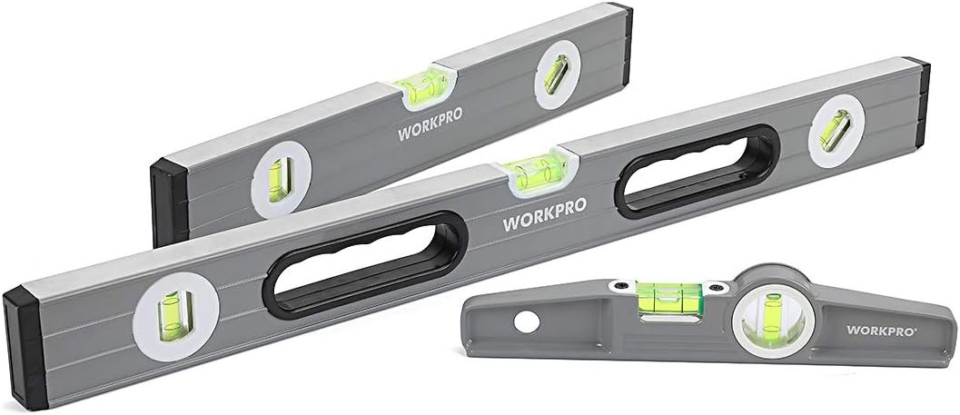 WORKPRO Torpedo Level, 3-Piece Spirit Level Set, 9″(Magnetic), 16″(Non-magnetic), 24″(Non-magnetic), Bubbles Measuring, Clear