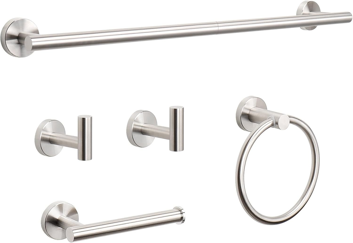 NearMoon 5 Pieces Bathroom Hardware Set SUS304 Thicken Stainless Steel-Towel Rack Kit Include 24″ Towel Rod +Bath Towel Ring +Toilet Paper Holder +2 Robe Towel Hooks Bath Accessories (Nickel)