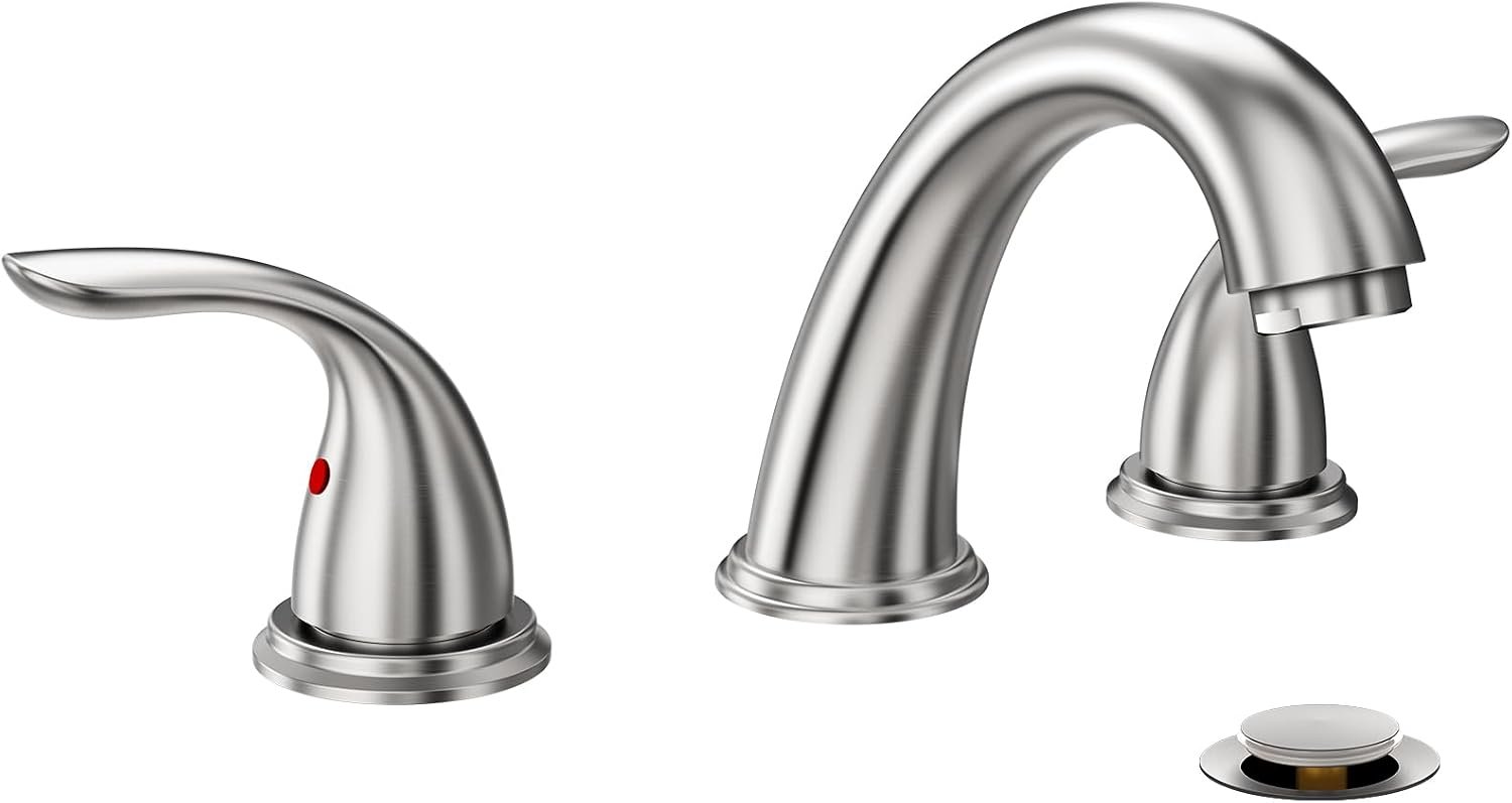 8 Inch 2 Handles 3 Holes Deck Mount Brushed Nickel Widespread Bathroom Faucet, with Stainless Steel Pop Up Drain, WF008-5-BN