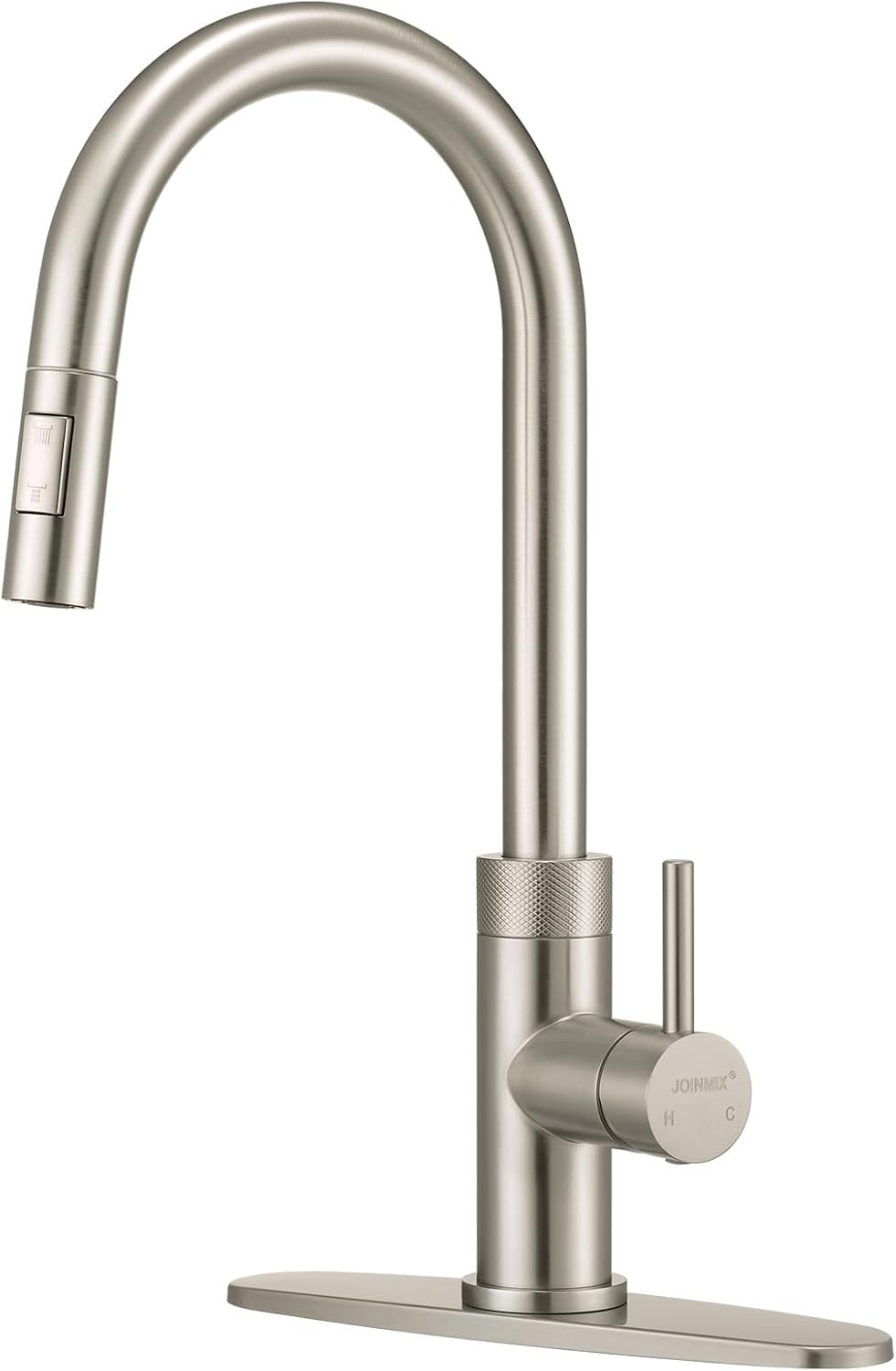 Brushed Nickel Kitchen Faucet with Pull Down Sprayer, Patented Above-Counter Install, Modern Single Handle High Arc Stainless Steel Sink Faucet with Deck Plate for 1 or 3 Hole Sinks