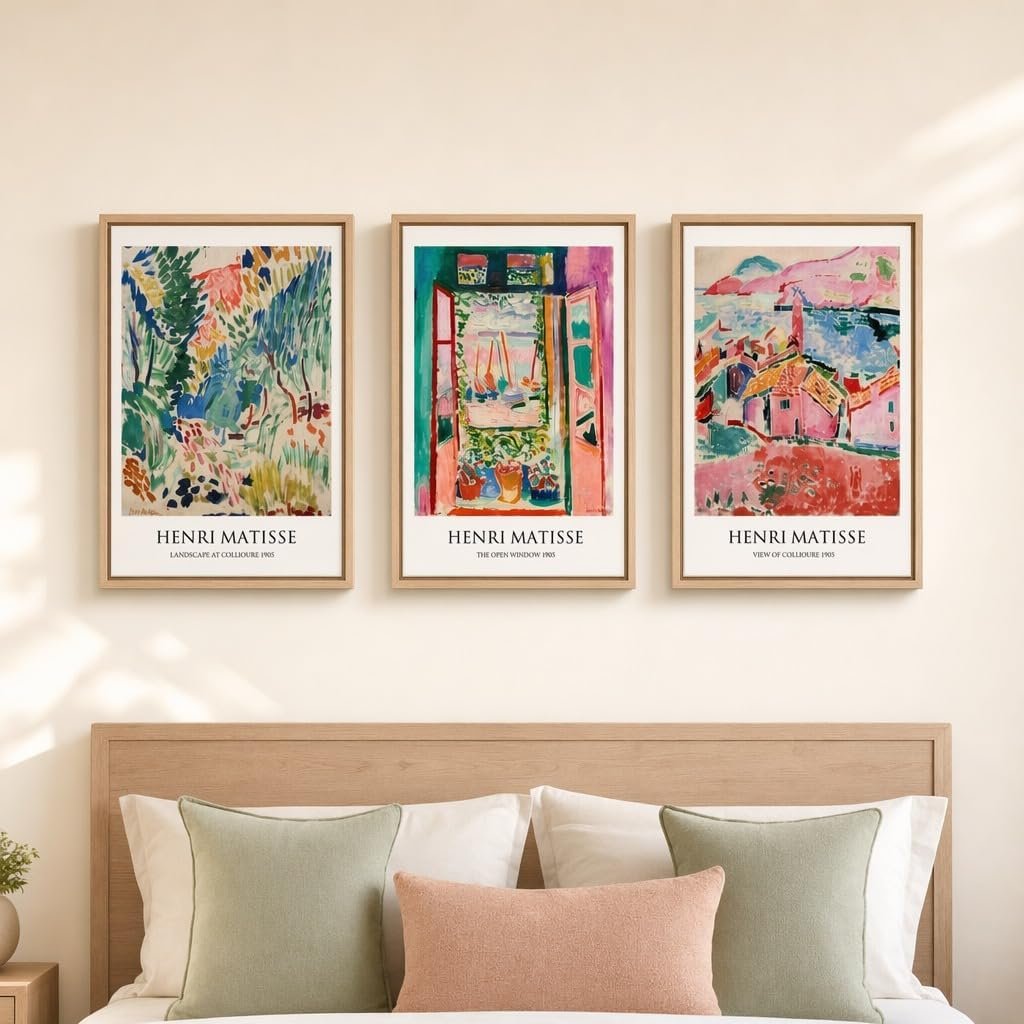 Framed Vintage Matisse Wall Art, Large Set of 3 Piece Colorful Canvas Artwork for Walls, Matisse Retro Landscape Paintings Prints Pictures for Living Room Bedroom Hallway Office Wall Decor 16×24