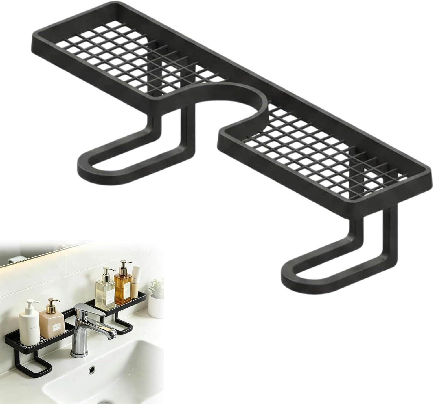 Over Sink Faucet Storage Rack, No Drill Free Standing Faucet Organizer Shelf with Drainage Design, Space Saving Countertop Storage for Kitchen and Bathroom (Black)