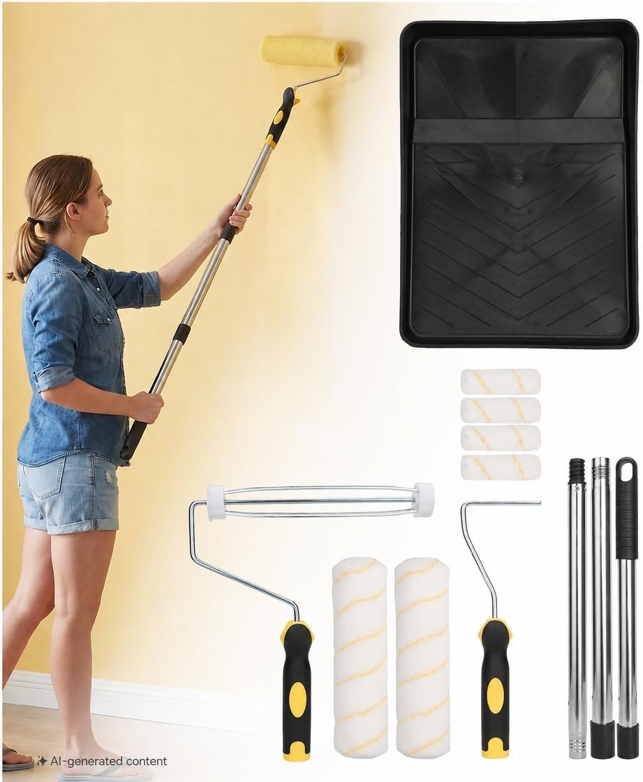 Bates- Paint Roller Kit with Extension Pole, 10 pcs, 9″ & 4″ Roller Frames | Plastic Paint Tray, 6 Roller Covers, 3 FT Stainless Steel Extension Pole for Walls, Ceilings & Home Painting Projects