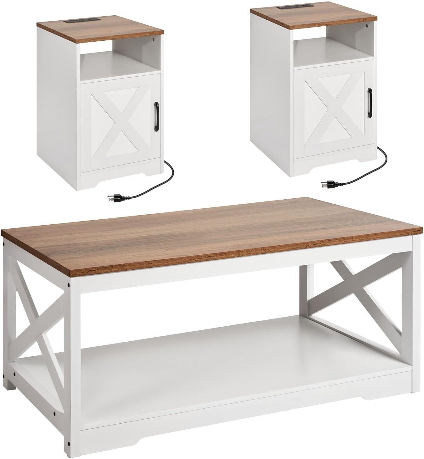 VEVOR 3 Pieces Farmhouse Coffee Table Sets, 40 in Industrial Coffee Table with 2 End Side Tables, Easy Assembly Coffee and End Tables Sets with Charging Station, for Office, Living Room & Apartment