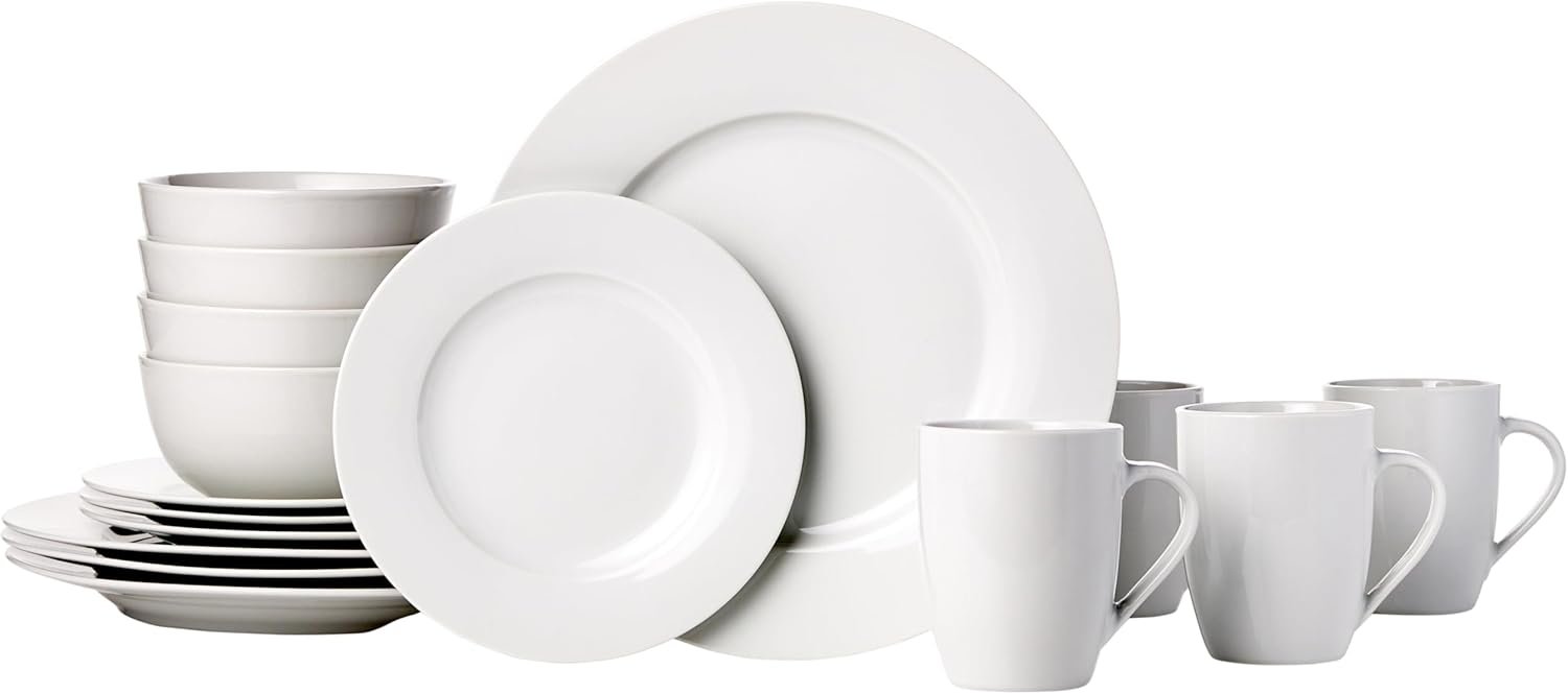 Amazon Basics 16-Piece Porcelain Dinnerware Set, Microwave and Dishwasher Safe, Service for 4, Plates, Bowls and Mugs, White