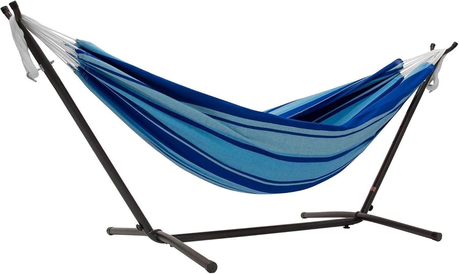 Vivere Double Cotton Hammock with Space Saving Steel Stand, Upgraded Polyester End Strings 450 lb Capacity – Premium Carry Bag Included – USA Grown Cotton (Island Breeze)