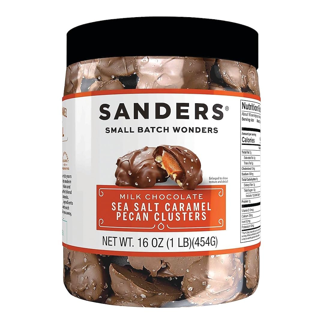 Sanders Milk Chocolate Sea Salt Caramel Pecan Clusters – 16 oz Tub