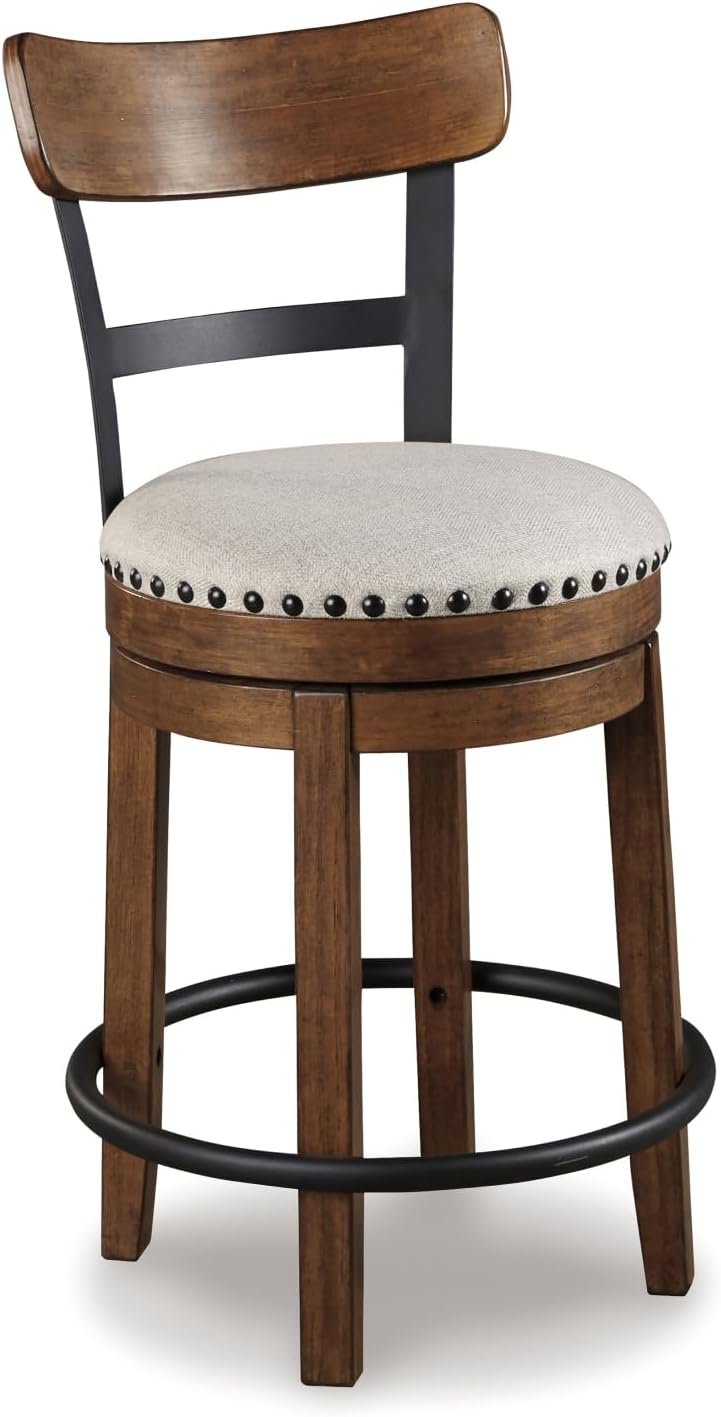 Signature Design by Ashley Valebeck Counter Height Bar Stool, Brown | Rustic-industrial wood and metal stool, Cushioned comfort, Tailored nailhead trim, Smooth 360-degree swivel