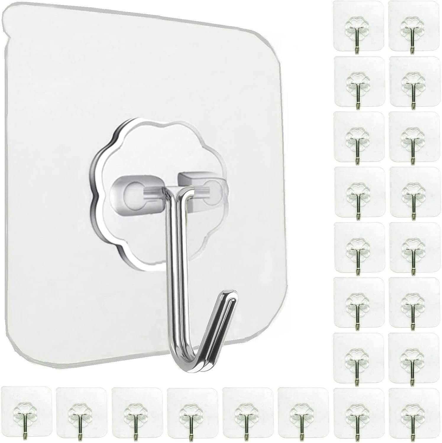 24 Pack Adhesive Wall Hooks 33LB Heavy Duty No Drill Clear Sticky Hooks | Transparent, Waterproof, Self Adhesive, 33lbs Max Load No Damage, For Keys, Bathroom, Shower, Outdoor, Kitchen, Door