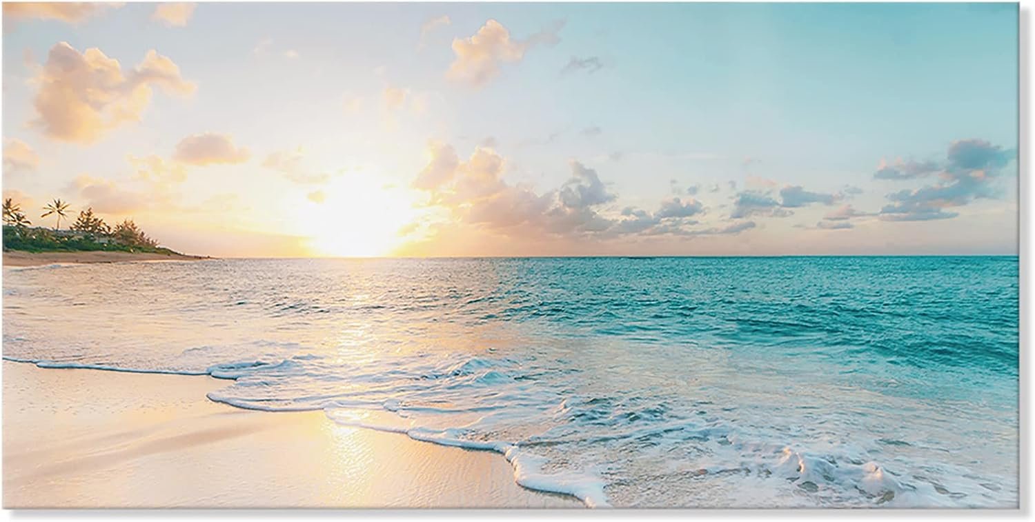 Goldfoilart Ocean Beach Sunset Canvas Wall Art for Bedroom Seascape Paintings Coastal Picture Framed Artwork for Bathroom Living Room Office Wall Decor 20″ x 40″