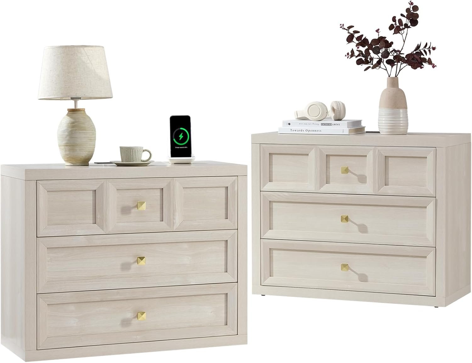 Nightstand Set of 2 W/Charging Station, 30.7″ W King Size Bedside Table with 3 Drawers, Accent End Table W/Large Storage, Modern Wood Side Table for Bedroom,Office, Beige