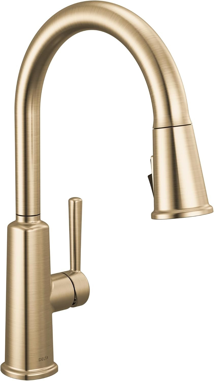 Delta Finnridge Brushed Gold Kitchen Faucet with Pull Down Sprayer, High Pressure ProClean Spray Modern Single Hole Kitchen Sink Faucet, Champagne Bronze 19730LF-CZ