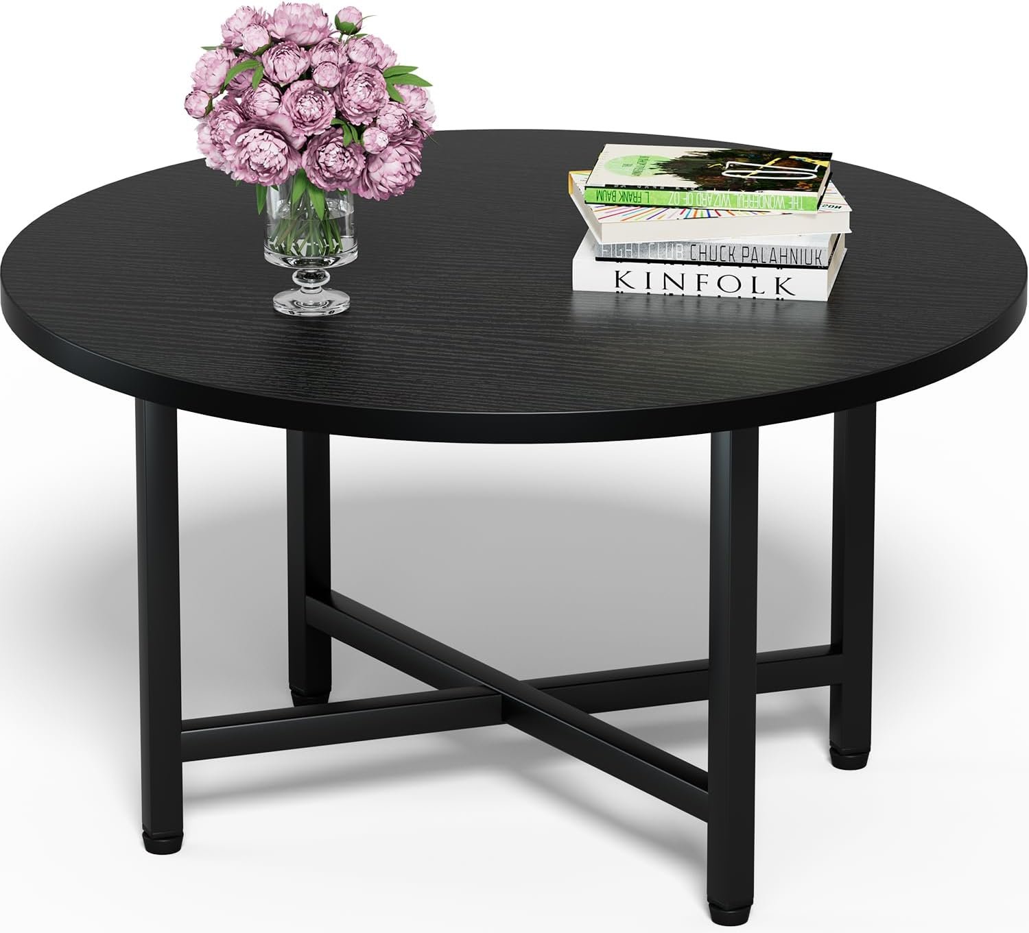 FAMIDGE Coffee Table, 23.6″ Coffee Tables for Living Room, Round Coffee Table with Metal Frame, Floor Table for Sitting on The Floor, Home, Office, Black