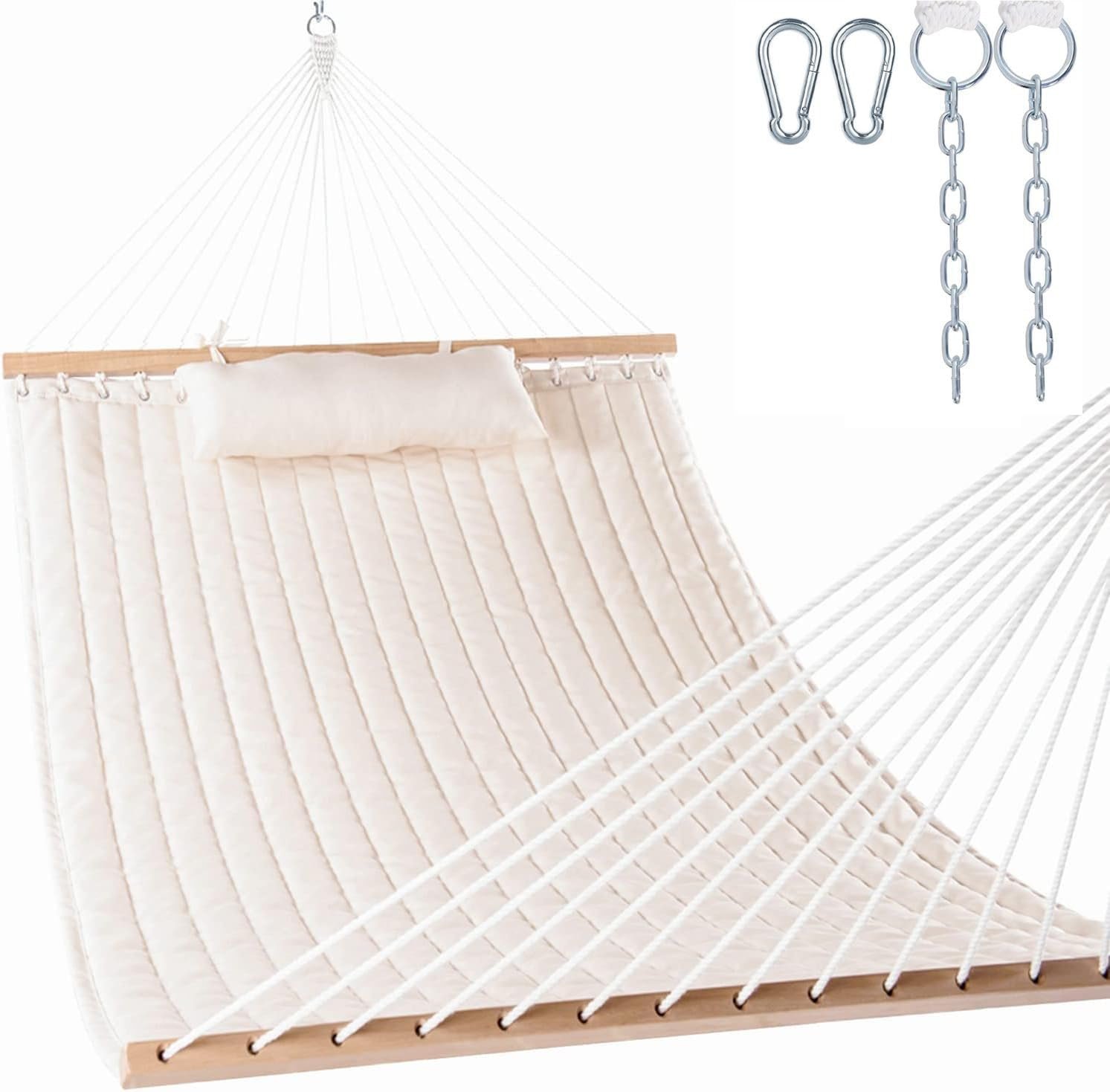 Lazy Daze 12FT Double Quilted Hammock with Spreader Bar for Outside Natural | 2 Person Heavy Duty Hammock with Detachable Pillow and Carabiners for Outdoor Backyard Poolside, 450lbs Weight Capacity
