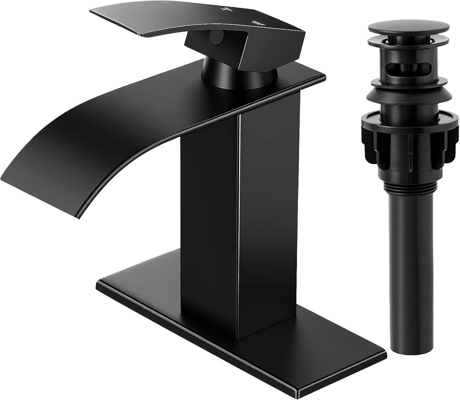 Matte Black Bathroom Faucet with Waterfall Spout and Pop-up Drain | SUS 304 Stainless Steel, Single Handle, 1 or 3 Hole Sink, RV Vanity, Deck Plate, Supply Hoses, NSF372 NSF61 cUPC