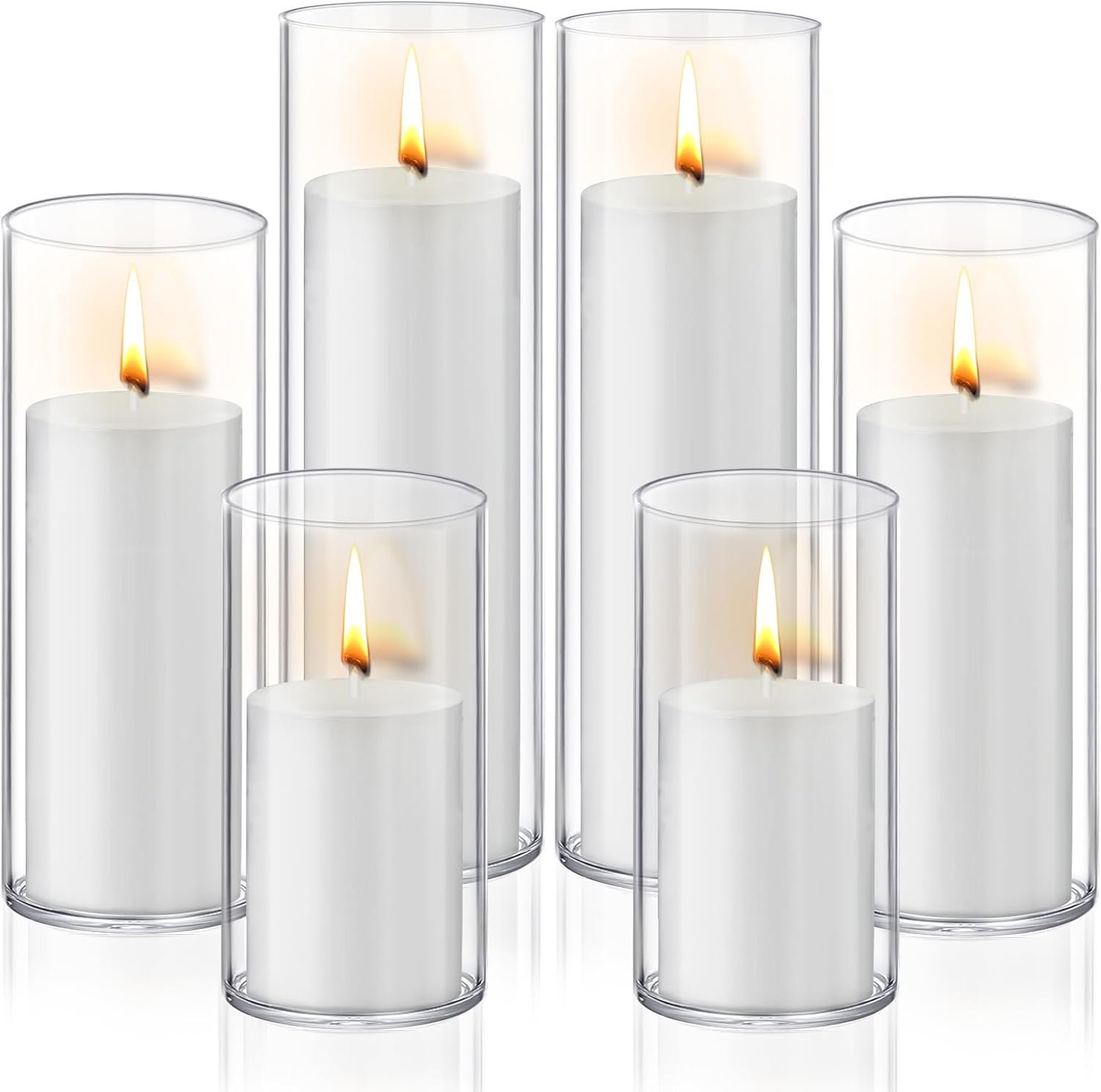 Homjoy 12 PCS White Pillar Candles with Glass Candle Holders Clear Hurricane Candle Holders Glass Cylinder Vases for Centerpieces Wedding Party, Event, Home Office (6 Candles+6 Candle Hoders)