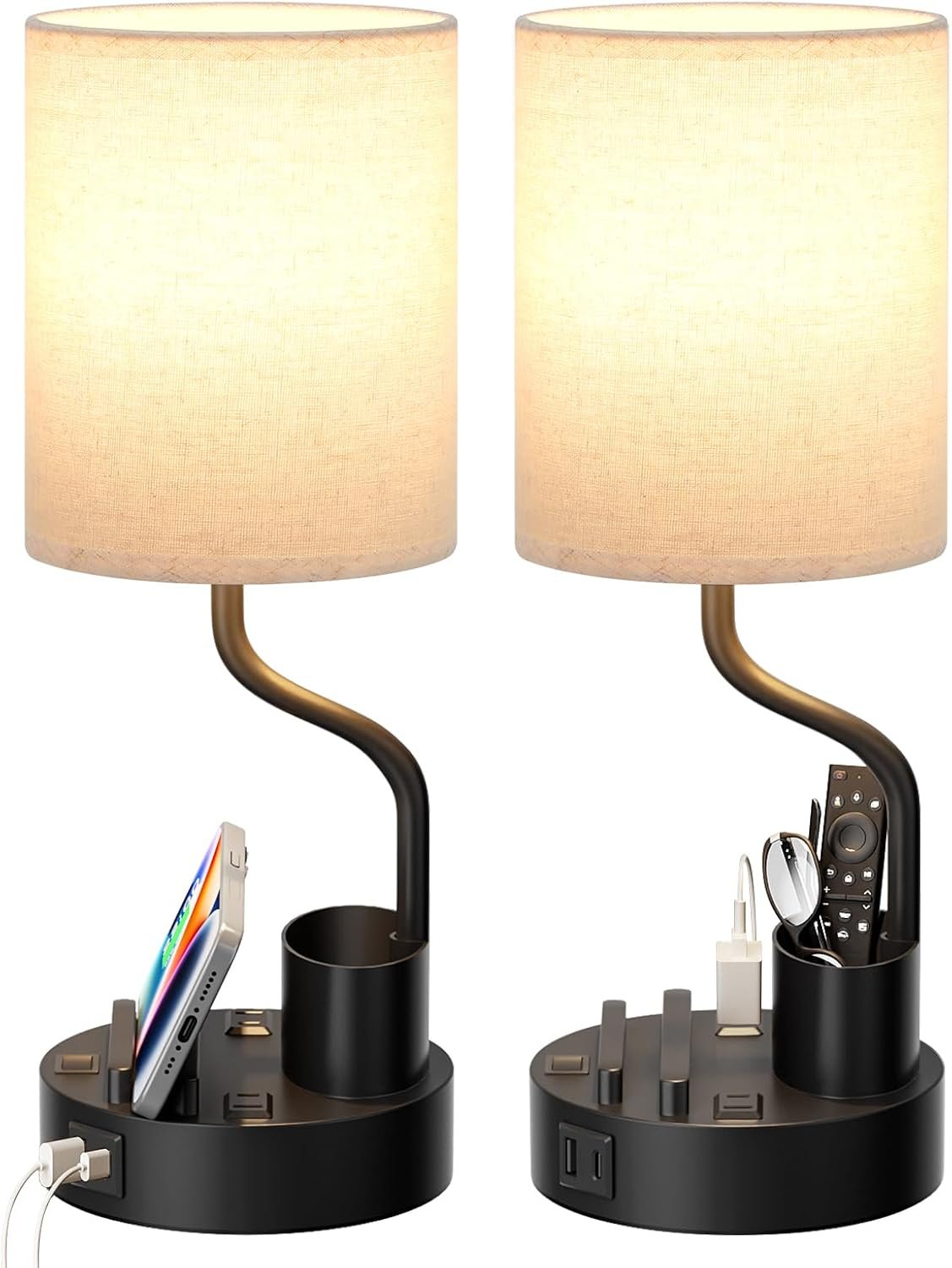 Bedside Lamps for Bedroom Set of 2 – Table Desk Lamp for Nightstand | 15″ Table Lamp for Living Room with Pen Holder & Phone Stand, USB A+C Port, AC Outlet, 3 Color Temperature, LED Bulb Included