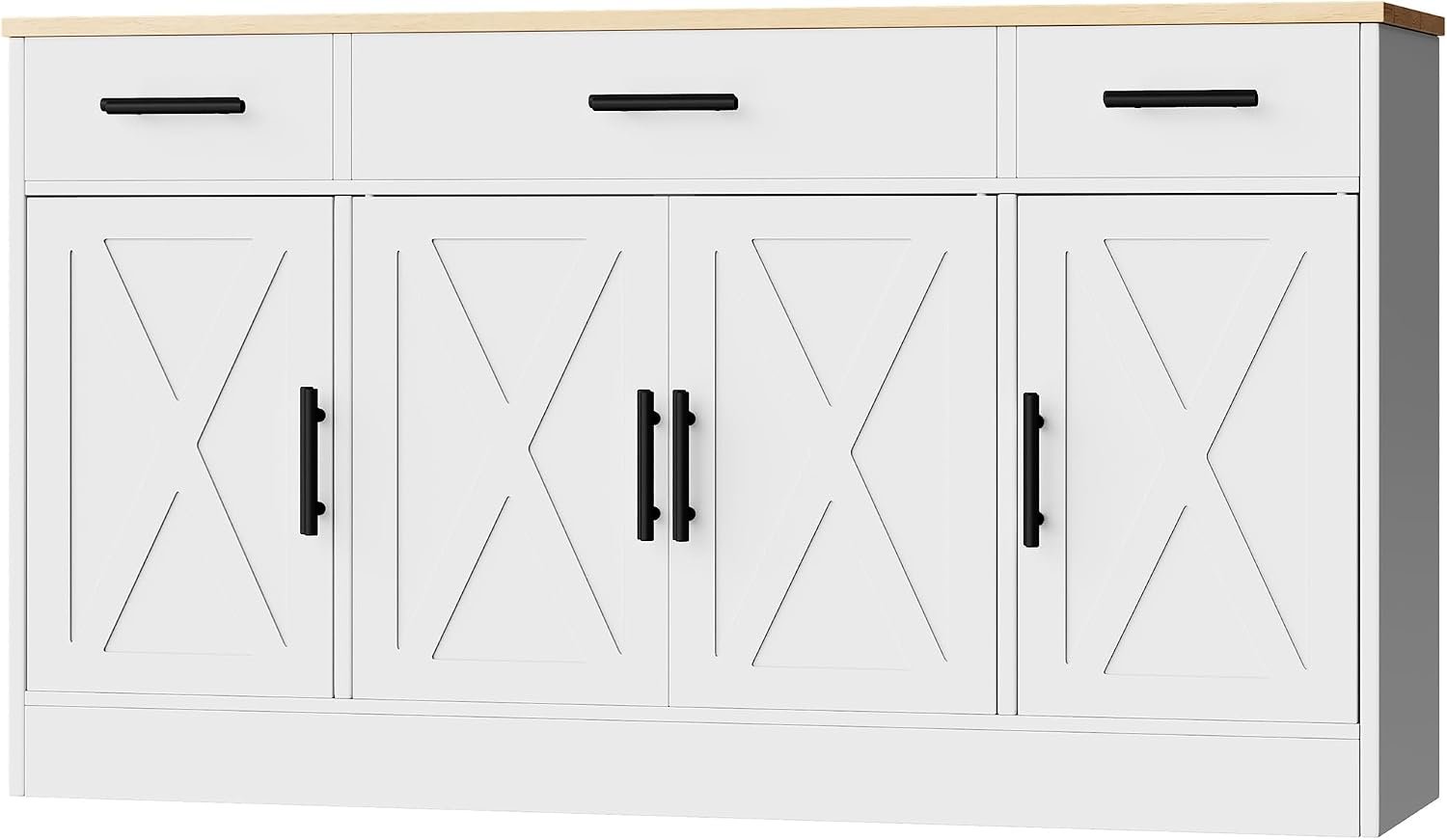 Shintenchi Buffet Cabinet with Storage,53.4″ Large Kitchen Storage Cabinet with 3 Drawers and 4 Doors,Wood Farmhouse Buffet Sideboard with Adjustable Shelf for Kitchen Living Room, White
