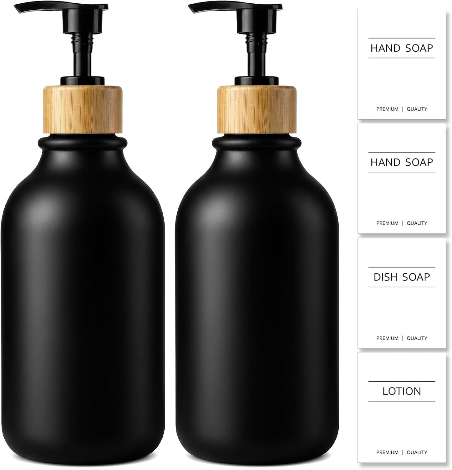 KASUNTING Hand Soap Dispenser Bathroom, Black Dish Soap Dispenser for Kitchen, 17 Fl Oz Plastic Hand and Dish Soap Dispensers Set with Bamboo Pump, 2 Pack Refillable Liquid Lotion Containers Bottle