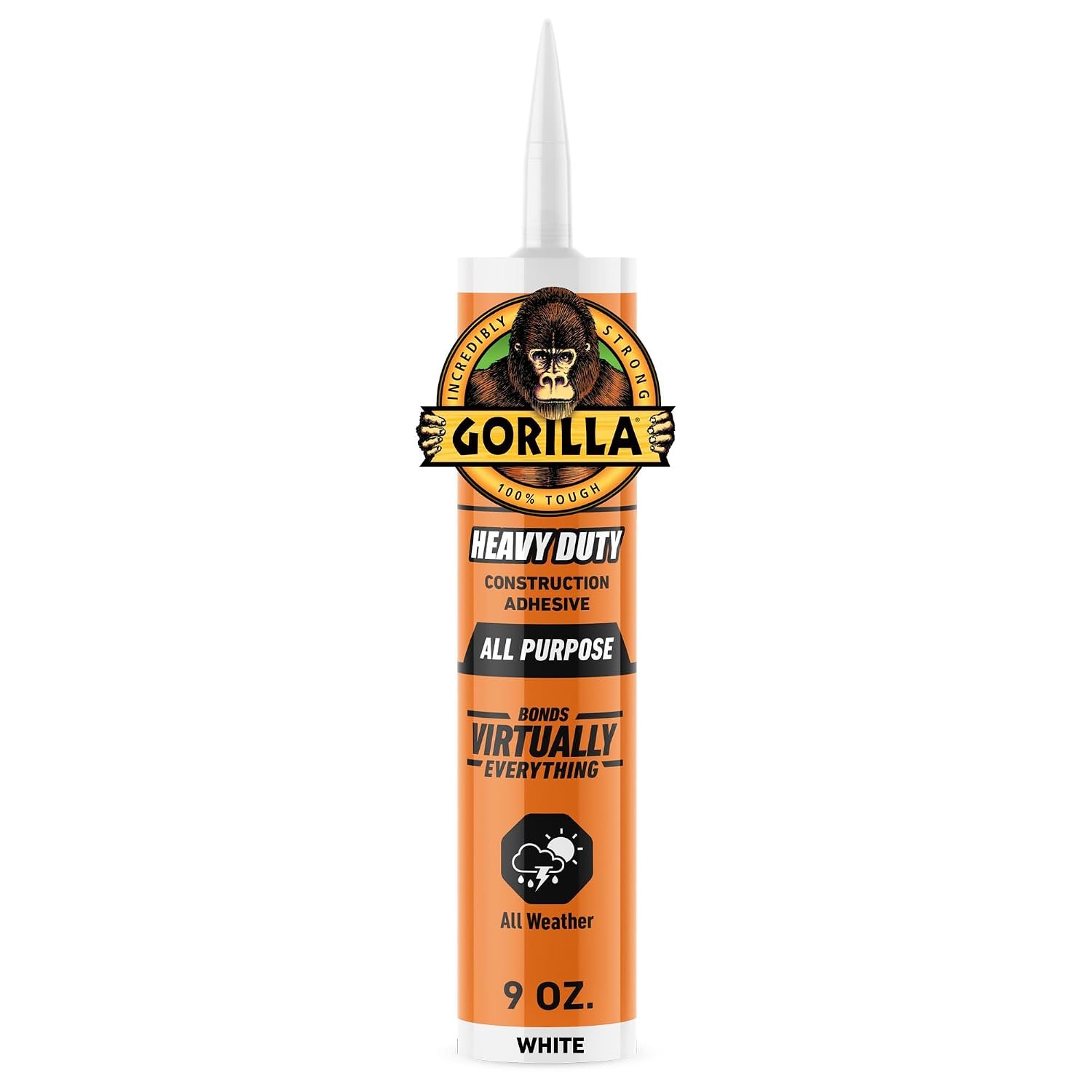 Gorilla Heavy Duty Construction Adhesive, Gap Filling, 9 oz Cartridge | Waterproof Formula, Bonds Various Materials, Indoor and Outdoor Use