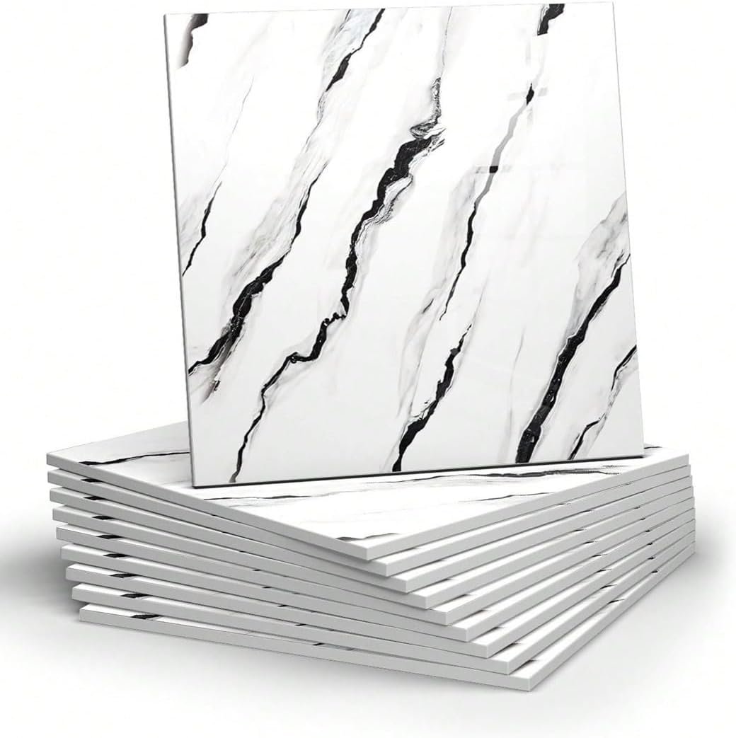 Chejiaye 10pcs Marble Peel and Stick Backsplash Waterproof Washroom Wall Panels, Peel and Stick Tile, PVC Foam Wall Panels for Kitchen,Bathroom,living room,White and Black(Not Real Tile,11.8″ x 11.8″)