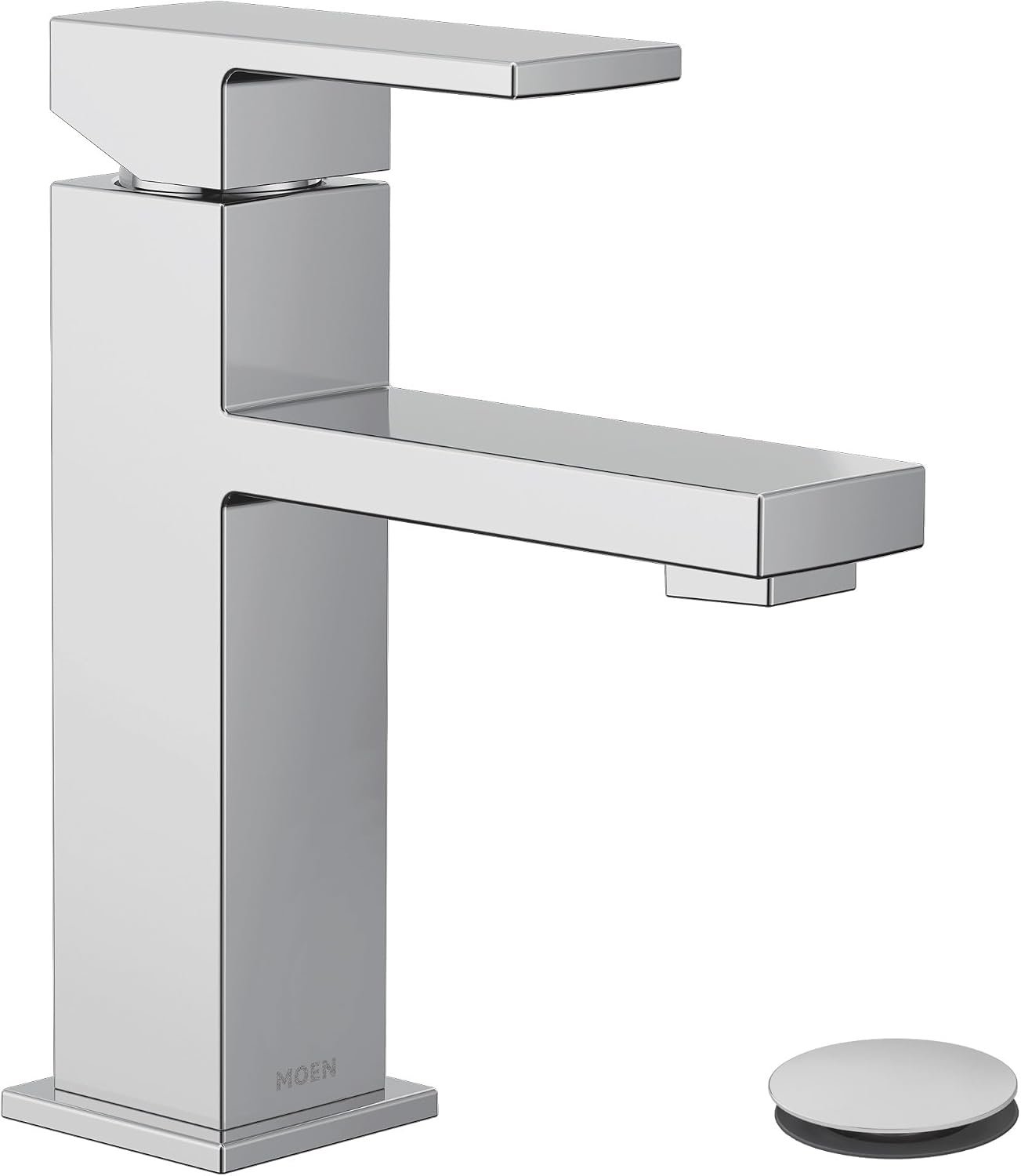 Moen Revyl Chrome One-Handle Single Hole Modern Bathroom Sink Faucet with Optional Deckplate and Spring Loaded Drain Assembly, 84771