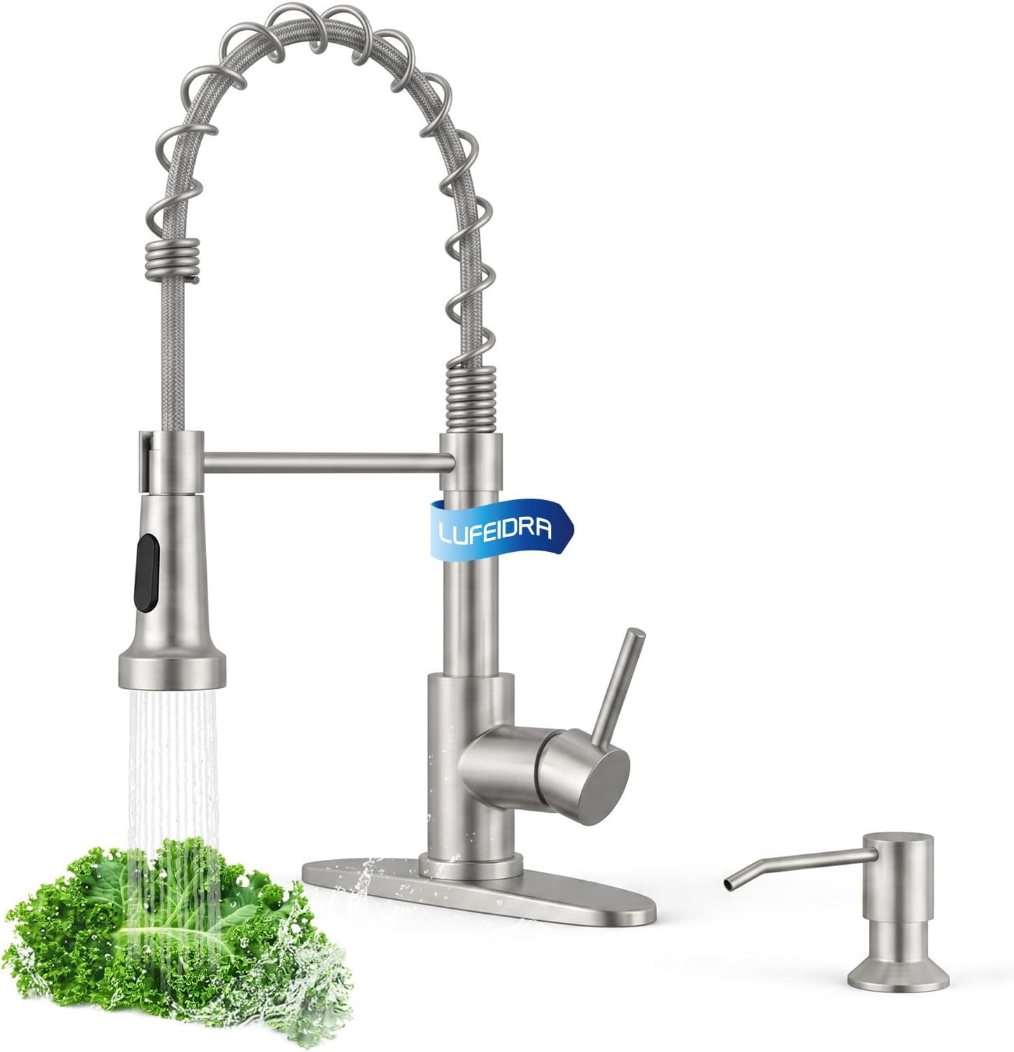 LUFEIDRA Pull-Down Kitchen Faucet with Soap Dispenser, Brushed Nickel | High-Arc Spring Design, 2 Spray Modes, SUS304 Body, Single-Handle Control, and Deck Plate for 1- or 3-Hole Sinks