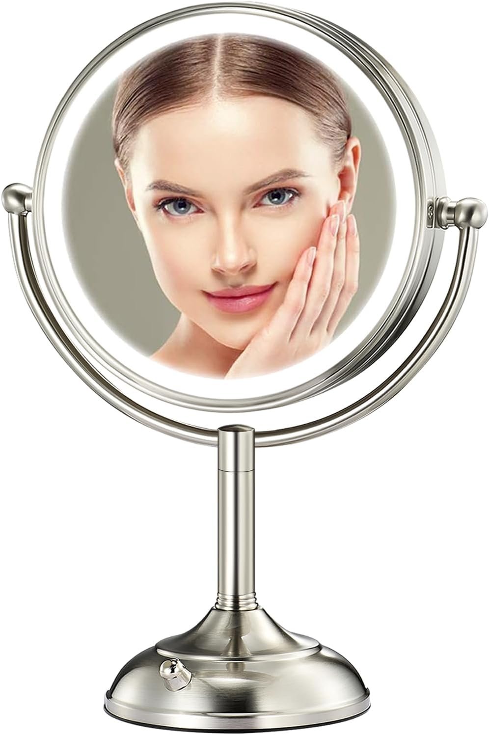Professional 8.5″ Large Lighted Makeup Mirror with Brighter Lights, 1X/10X True HD Magnifying Mirror with 3 Color Dimmable Lights, 90 Shadowless LEDs, 360°Swivel Seamless Vanity Mirror, Pearl Nickel
