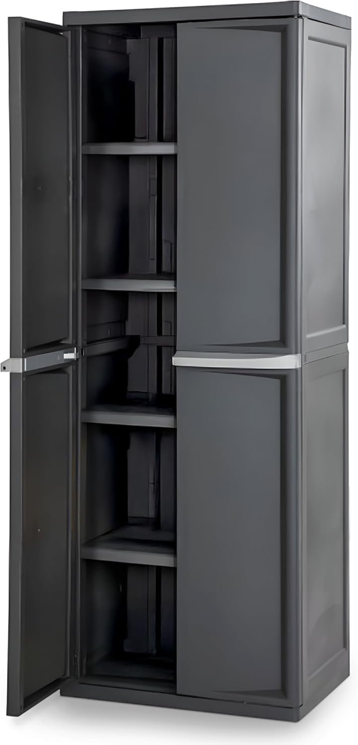 Sterilite 4 Shelf Cabinet, Durable Plastic Storage Solution, Gray, 1 Pack | Adjustable Shelves – Plastic Shelving Unit for Organizing Garage, Pantry, Basement, Laundry Room or Mudroom