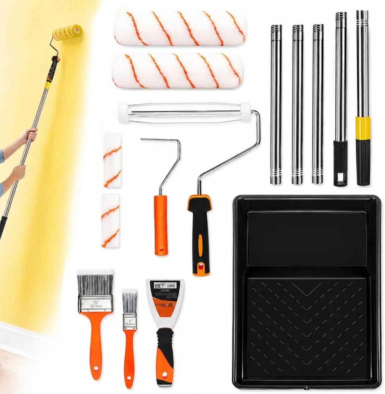 Paint Roller kit, Paint Roller Extension Pole 5ft | paint brushes,Paint Rollers 9″&4″paint tray liner . Perfect for DIY & Professional home renovation 15Piece Sets