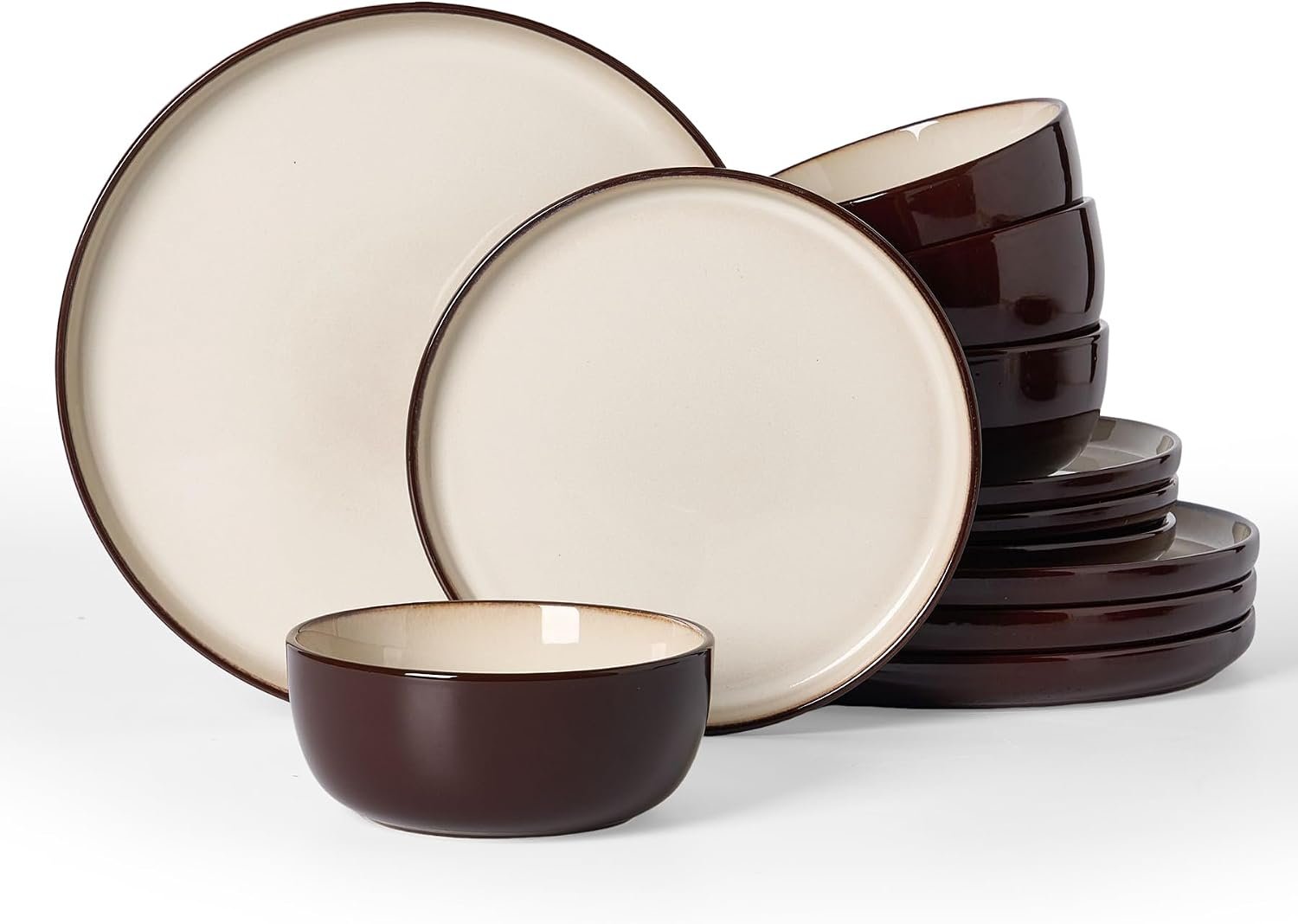 Famiware Milkyway 12-Piece Stoneware Dinnerware Set, Light khaki & Cocoa | Plates and Bowls for 4, Handmade Reactive Glaze Dish Set, Microwave & Dishwasher Safe, Chip & Scratch Resistant