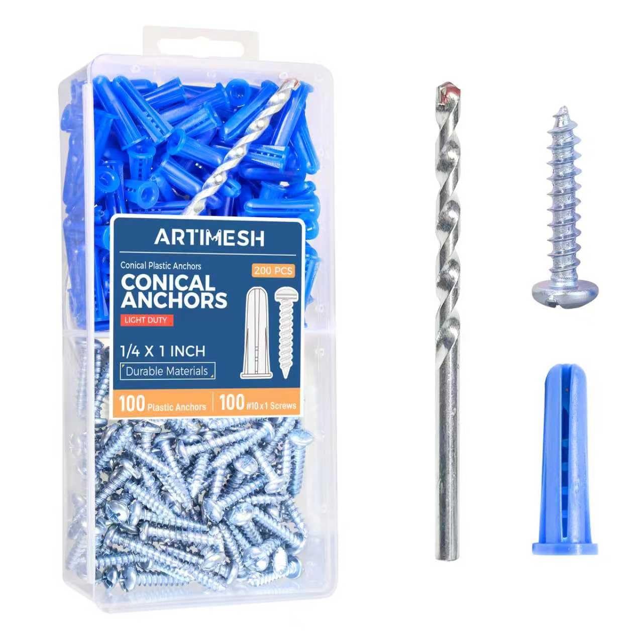 Conical Wall Anchors for Concrete Drywall, Wall Anchors and Screws Assortment Kit with Concrete Drill Bit, 100PCs Anchors and 100PCs Zinc Plated Screws