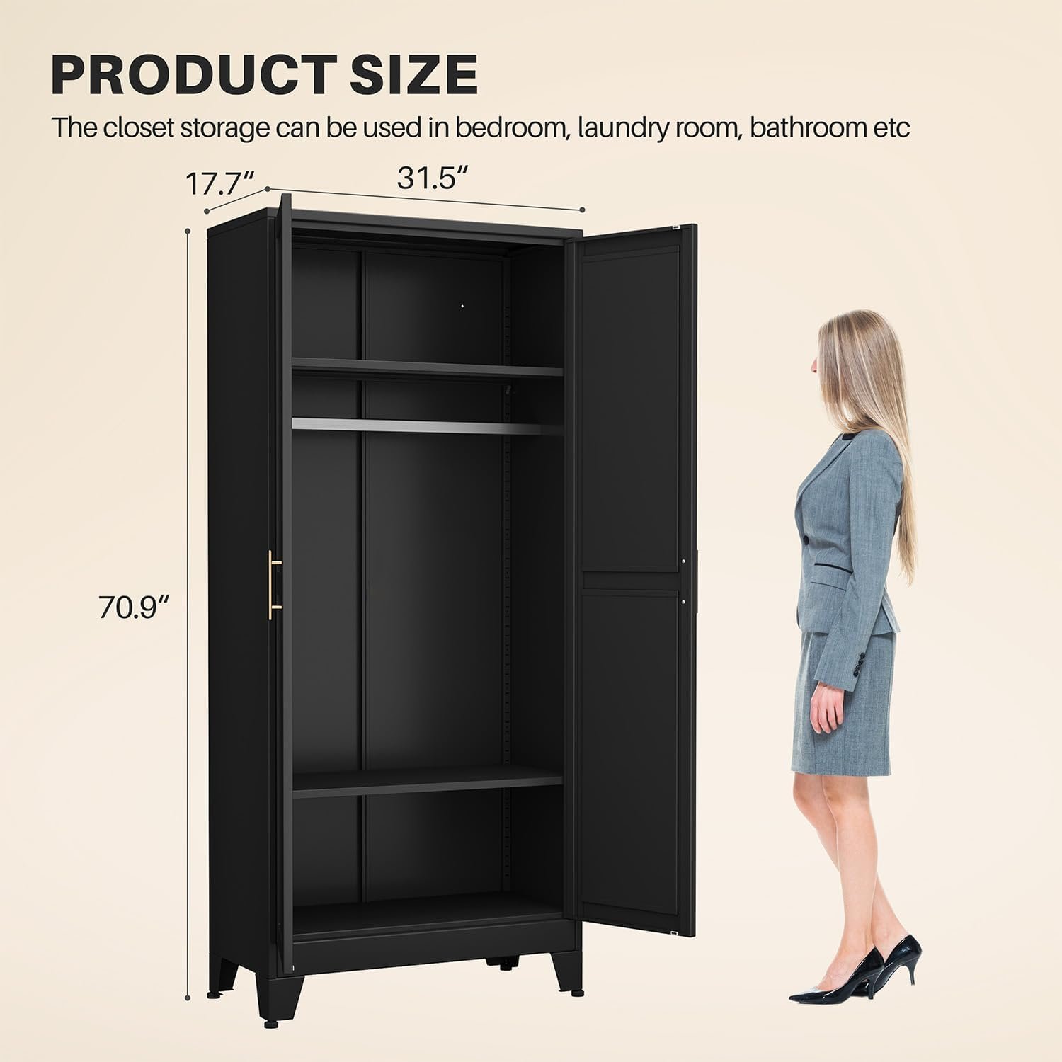 winiowa Metal Armoire Wardrobe Closet with 2 Mirror Doors, 71″ Wardrobe Cabinet with Adjustable Shelves and Hanging Rod, Clothing Storage Cabinet Closet with Mirror for Bedroom-Black