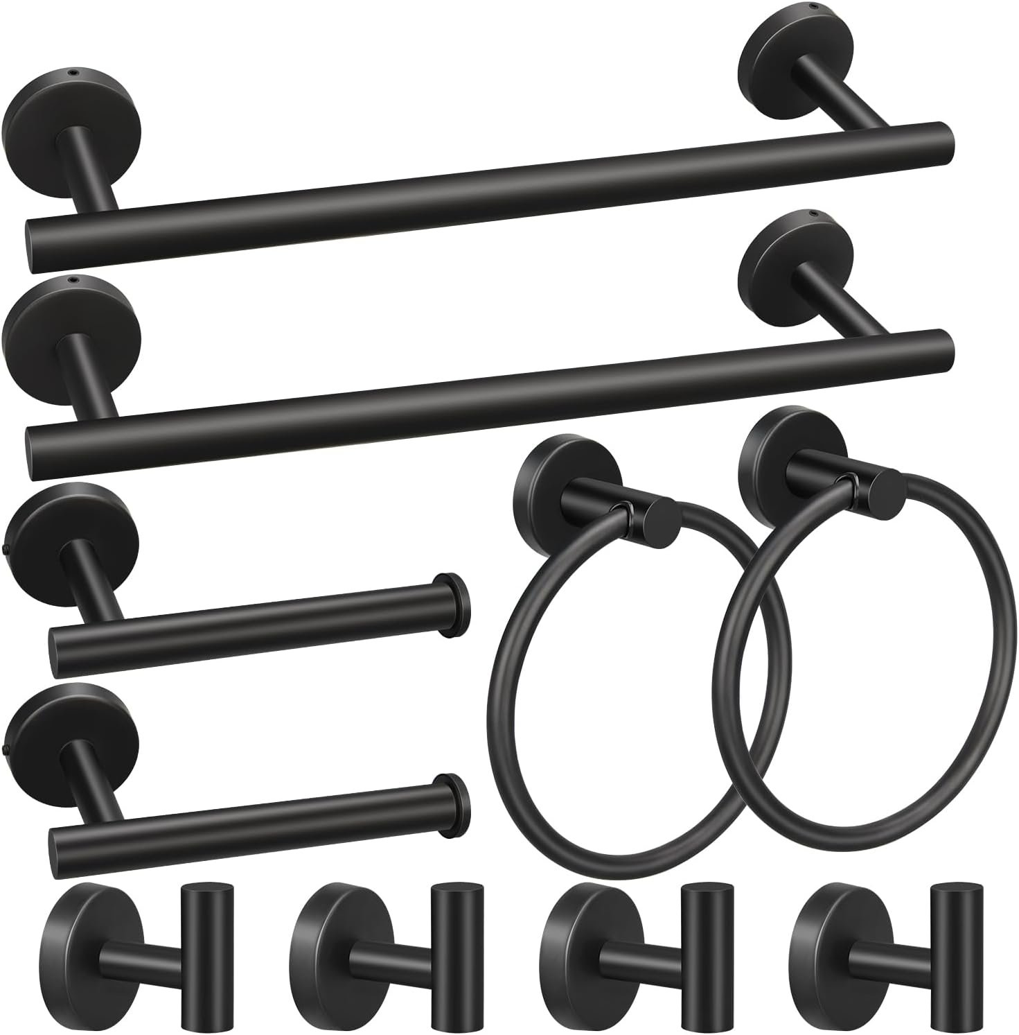 10pcs Matte Black Bathroom Hardware Set | Including 16″ Hand Towel Bars, Toilet Paper Holders, Towel Rings, Towel Hooks