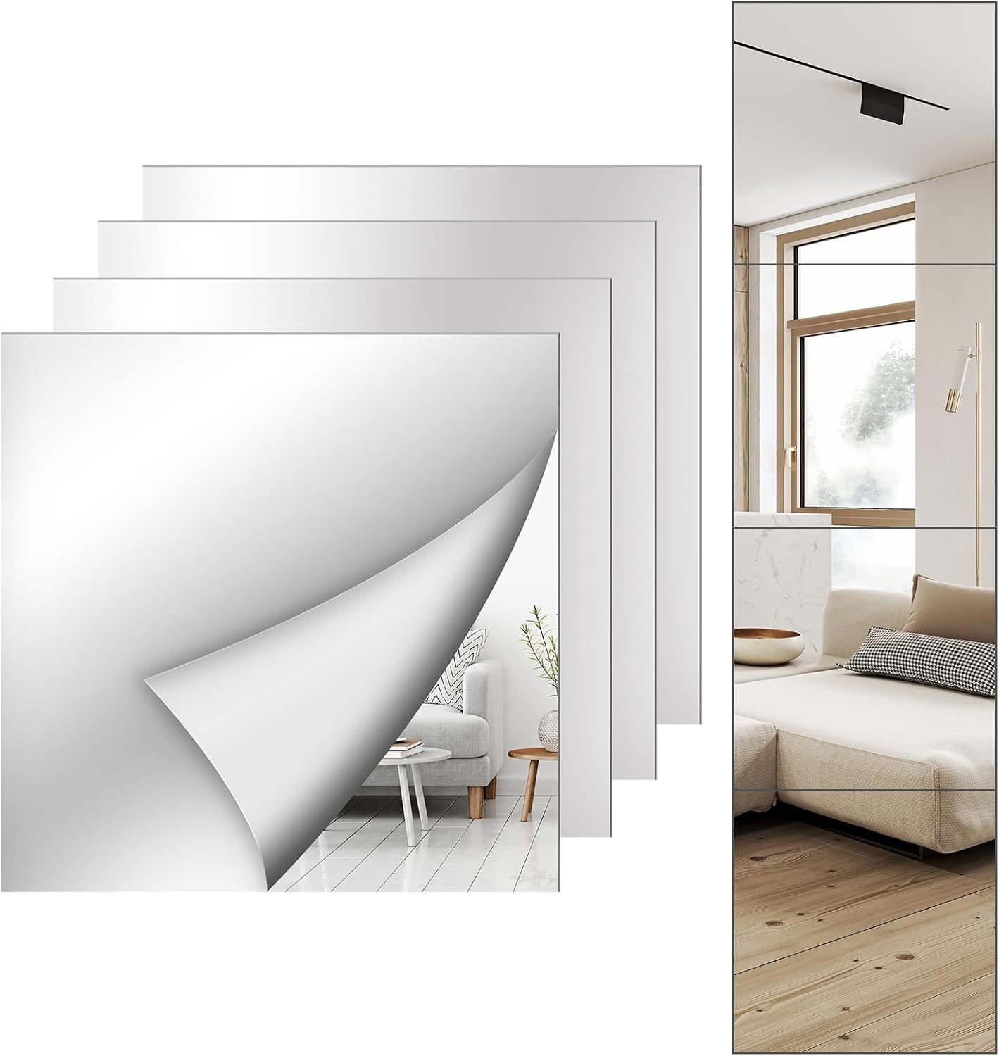 Shiftshade 4 Pack Wall Mirror Full Length, 12 x 12 Inch Acrylic Mirror Tiles, Shatterproof Flexible Plastic Mirror Sheets for Bedroom Home Gym Door