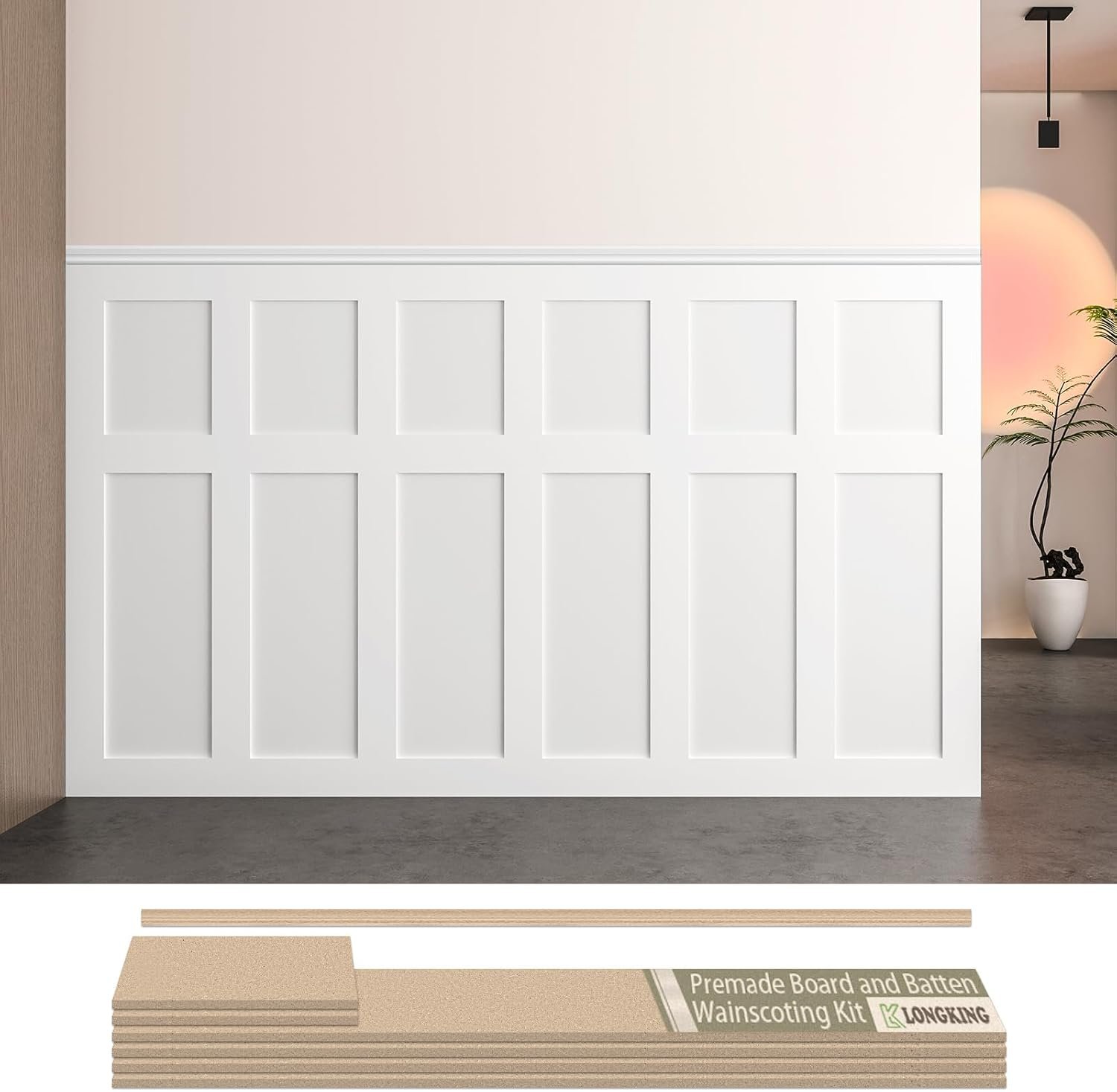 LONGKING Premade Board and Batten Wainscoting Kit, MDF Paintable Accent Wall Panels with Edge Trim, Pre-Cut Ready to Assemble Moulding for Interior Home Decor, Covers 93.93 x 56 in. | Accent wall panel kit, paintable MDF, pre-cut edge trim, ready to assemble, entryway bedroom hallway