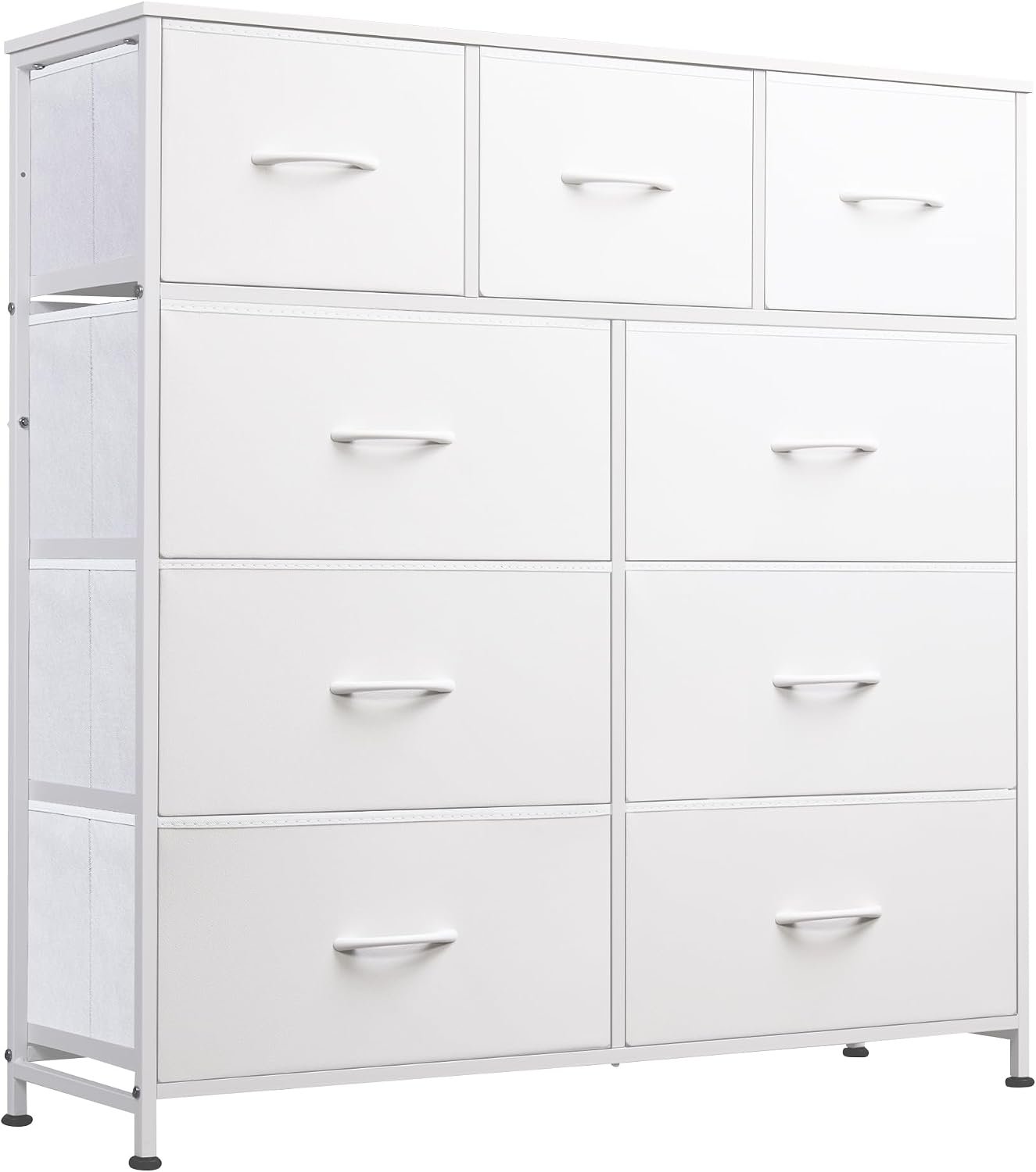 WLIVE Tall Dresser for Bedroom, 9 Drawer Chest of Drawers, White | 9 roomy fabric drawers, Tall storage design, Bedroom or closet use, Sturdy steel frame, Smooth wood tabletop