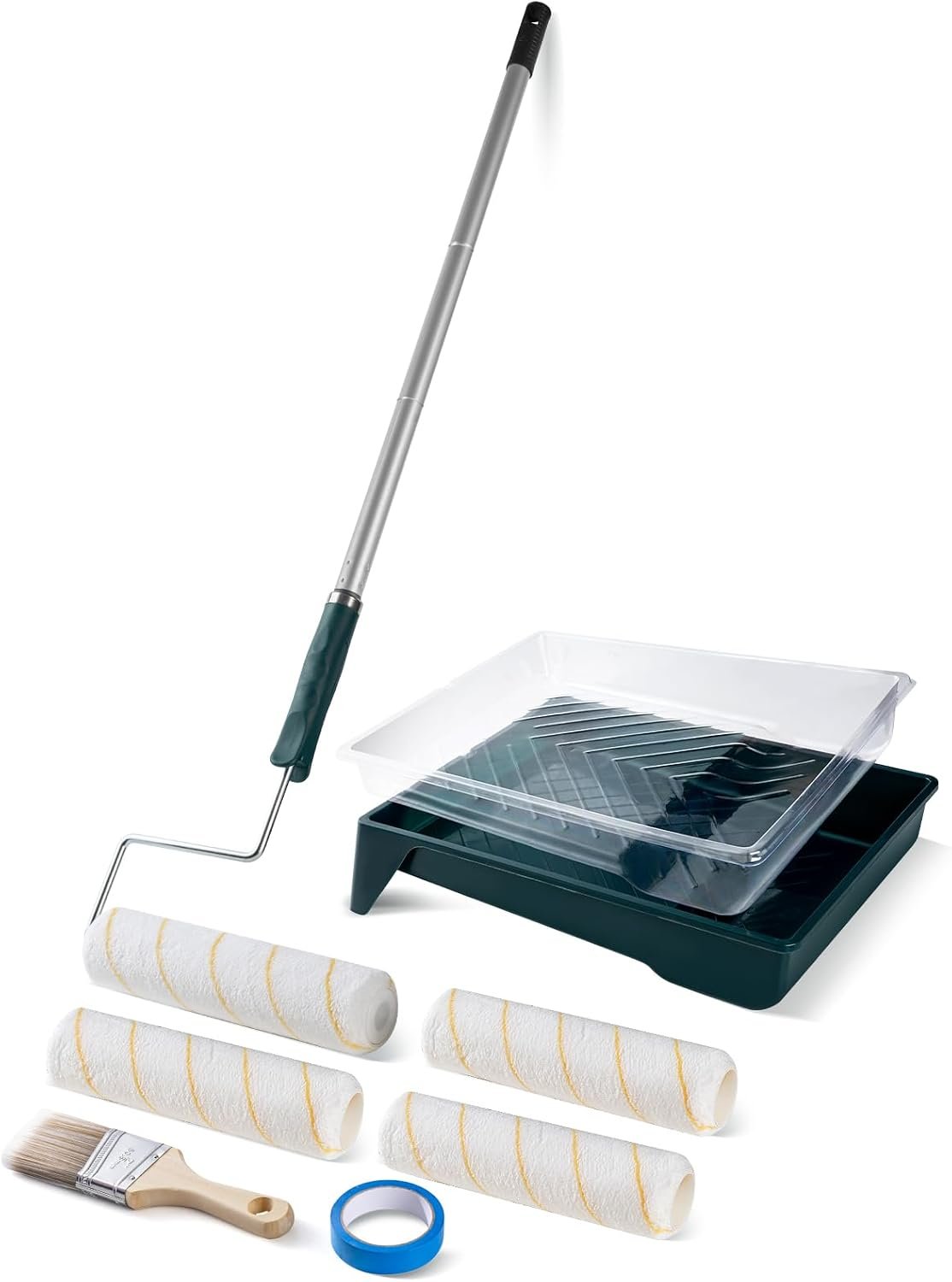 Paint Roller Kit with Extension Pole, 9 Inch Paint Roller Set | Microfiber Roller Covers with Tray Liners, Include Paint Brush & Tape, Painting Supplies for Walls, Ceilings and Home (3 FT)