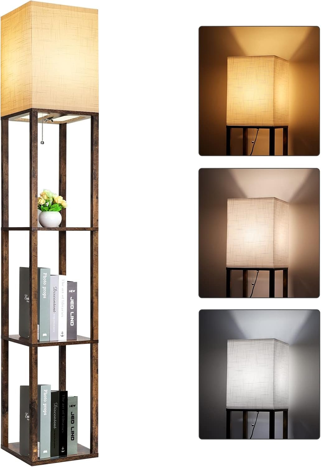 Floor Lamp with Shelves, Modern Shelf Lamp for Display Storage, 3 Color Temperature Wood Narrow Standing Corner Lamp with 8W Bulb for Living Room Decor, Bedroom, Office, Home Decor(Brown)