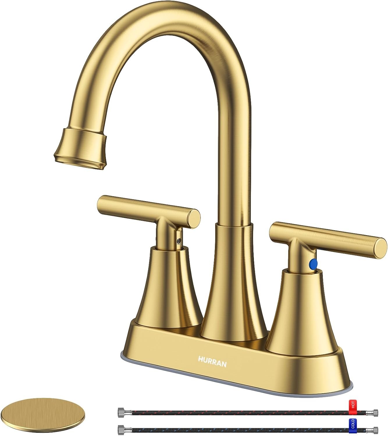 Brushed Gold Bathroom Faucet, Hurran 4 inch Centerset 2-Handle Lead-Free | Bathroom Sink Faucet with Pop-up Drain and Supply Lines, Stainless Steel Faucet for Vanity RV Restroom Laundry Outdoor Sink