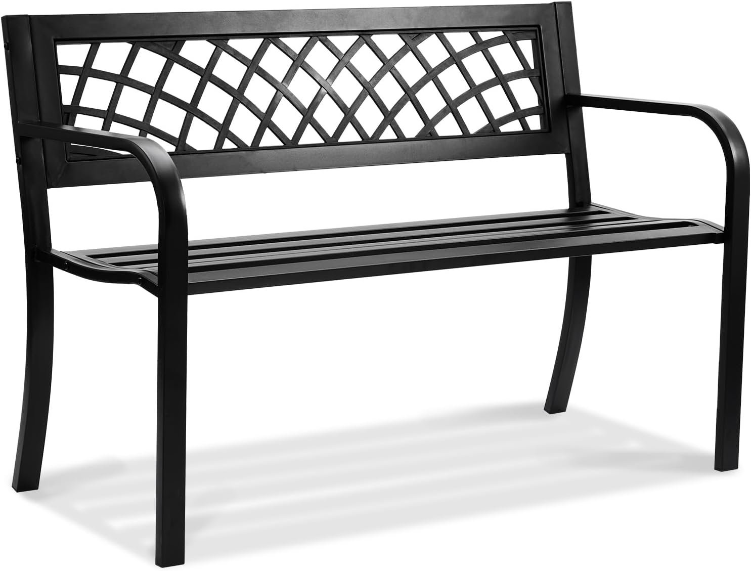 VEVOR Outdoor Bench, 46″ Iron Steel Frame Garden Park Bench with Mesh Pattern and Plastic Backrest Armrests, Patio Bench for Garden, Park, Yard, Front Porch