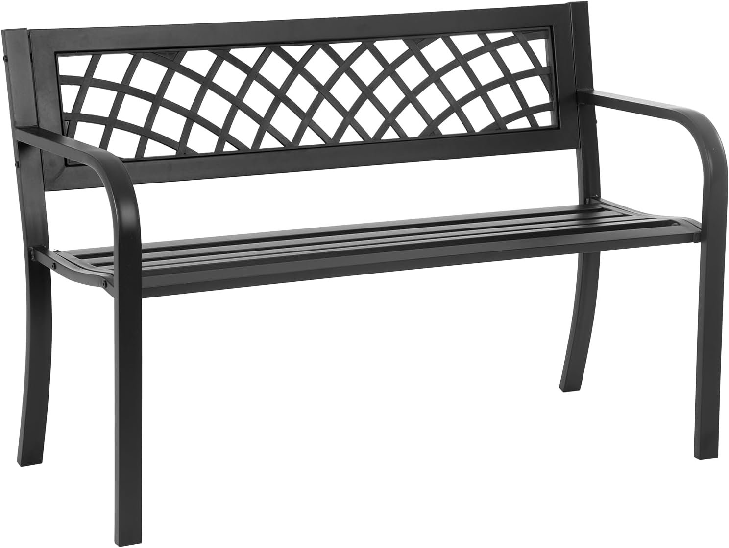 FDW Garden Bench Bench Park Outdoor Bench for Patio Metal Bench Park Bench with Plastic Backrest Armrests Sturdy Steel Frame Furniture for Yard Porch Work Entryway, Black | Heavy Duty Metal Patio Bench with Grid Design | Rust & Weather-Resistant | For Lawn, Yard, Parks, Patio, Porch, Entryway