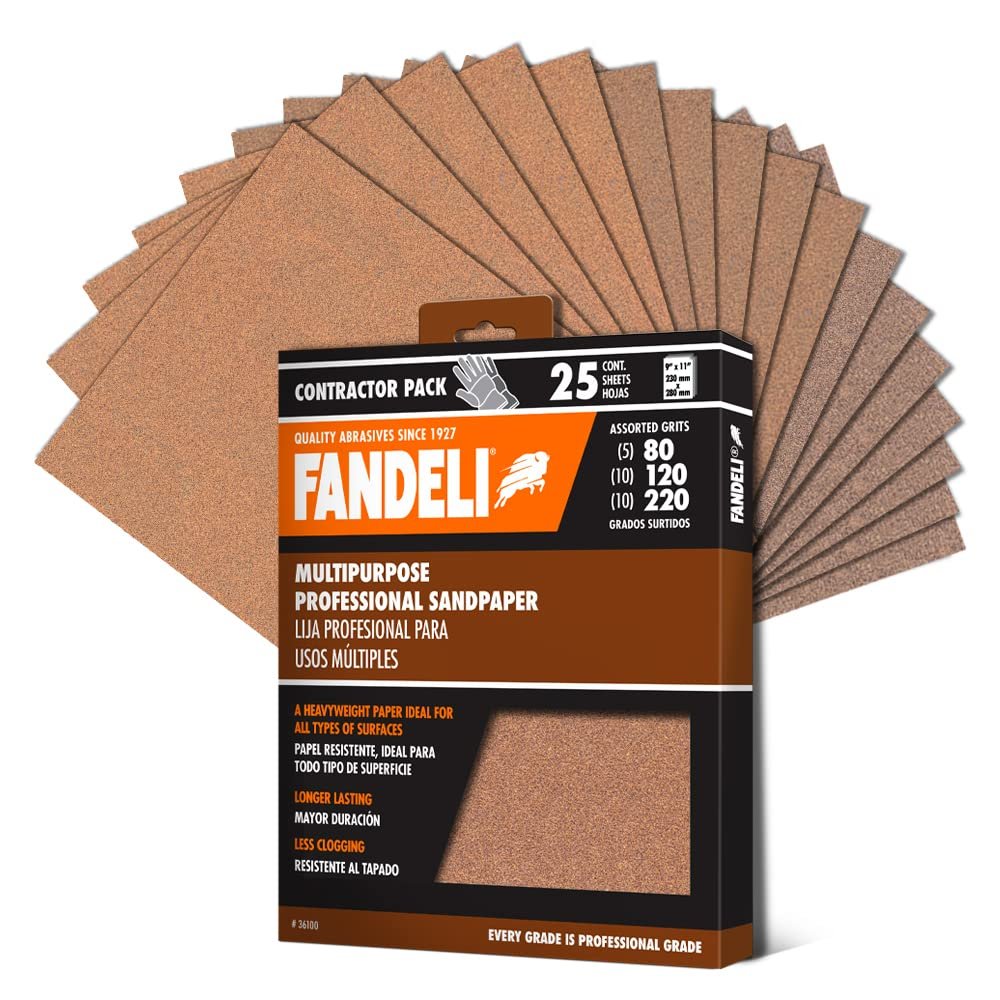 Fandeli | Multi-Purpose Sanding Paper | Assorted Grits (80,120,220) | 25 Sheets of 9” x 11” | Perfect for Sanding Metal and Sanding Wood | Hand Sanding | Orbital Sanders