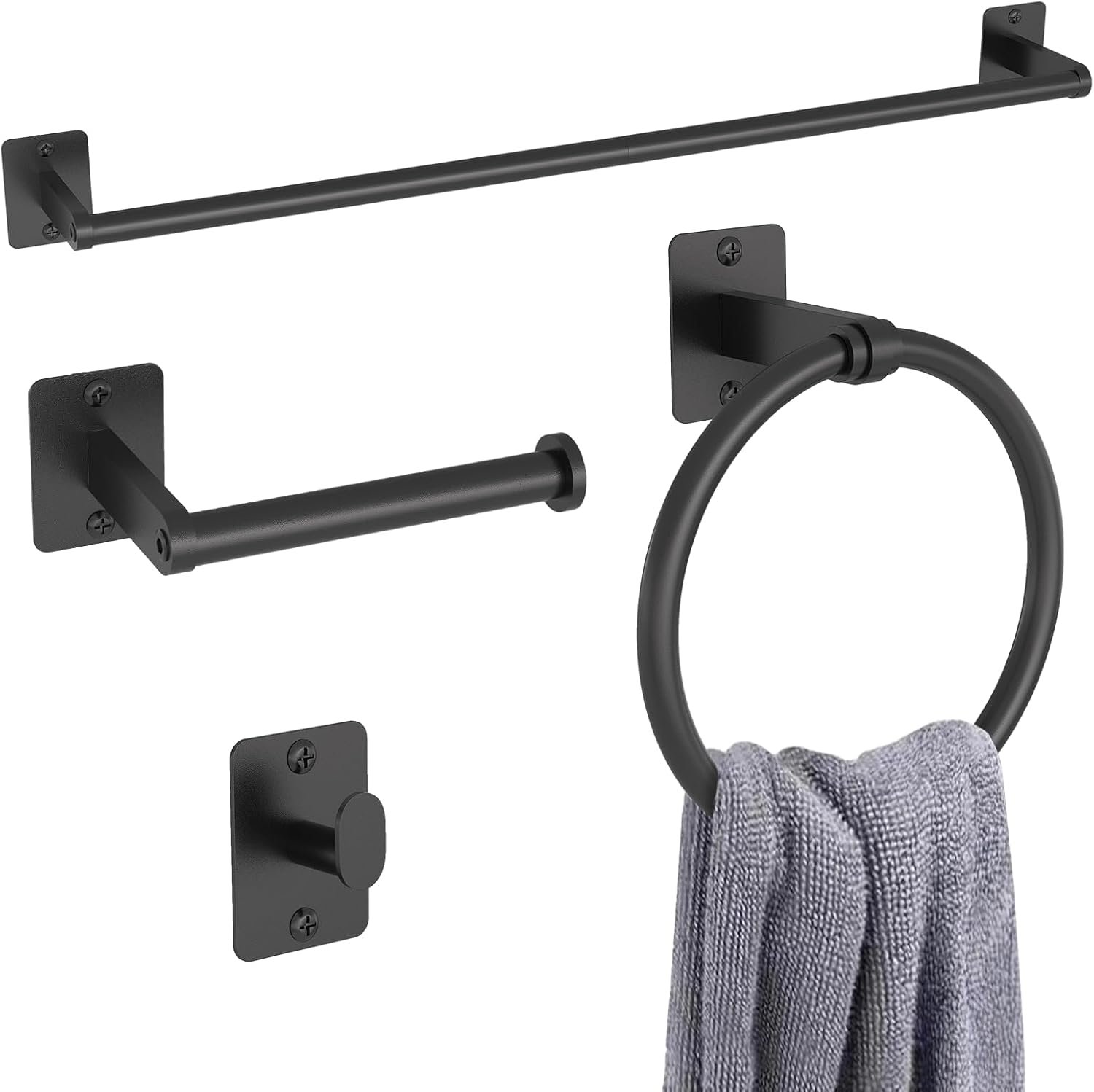 KLJKPA Black Bathroom Accessories Set, 4-Piece Bathroom Hardware Set | 24 inch Towel Bar, Towel Racks for Bathroom, Robe Towel Hooks, Toilet Paper Holder Wall Mounted