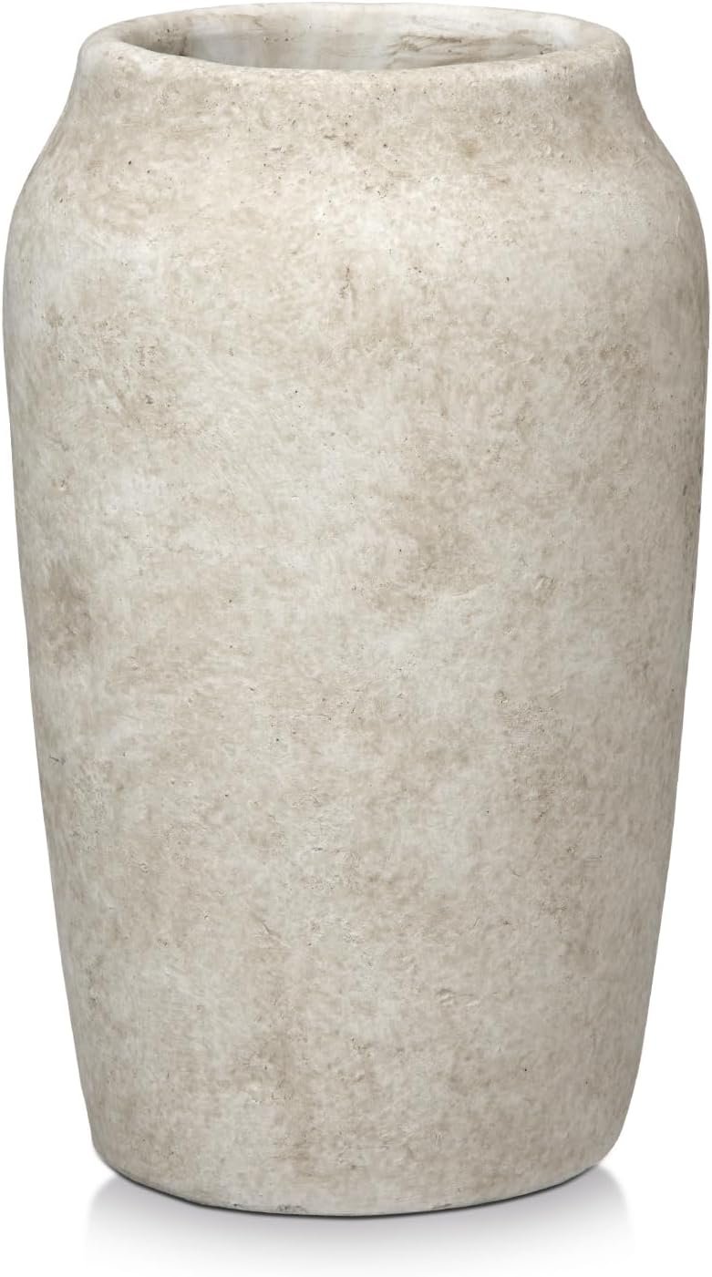 Briful Rustic Vintage Ceramic Vase, 9.06” Farmhouse Table Decor with Wide Mouth, Large Decorative Vases for Home Decor, Living Room, Entryway & Shelf Styling, Beige