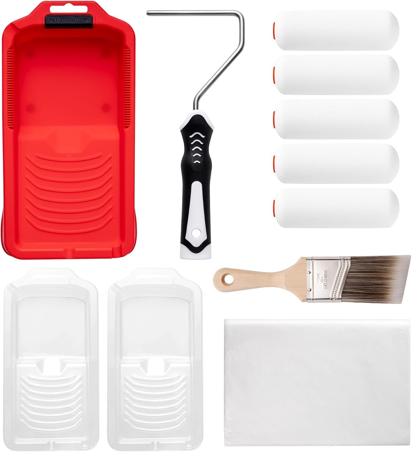 Mister Rui 4 Inch Foam Paint Roller Kit with Tray, Liners & Brush | High-Density Foam Rollers for Walls, Cabinets and Trim. Includes Magnetic Tray, Liners and Brush – Smooth, Streak-Free Finish